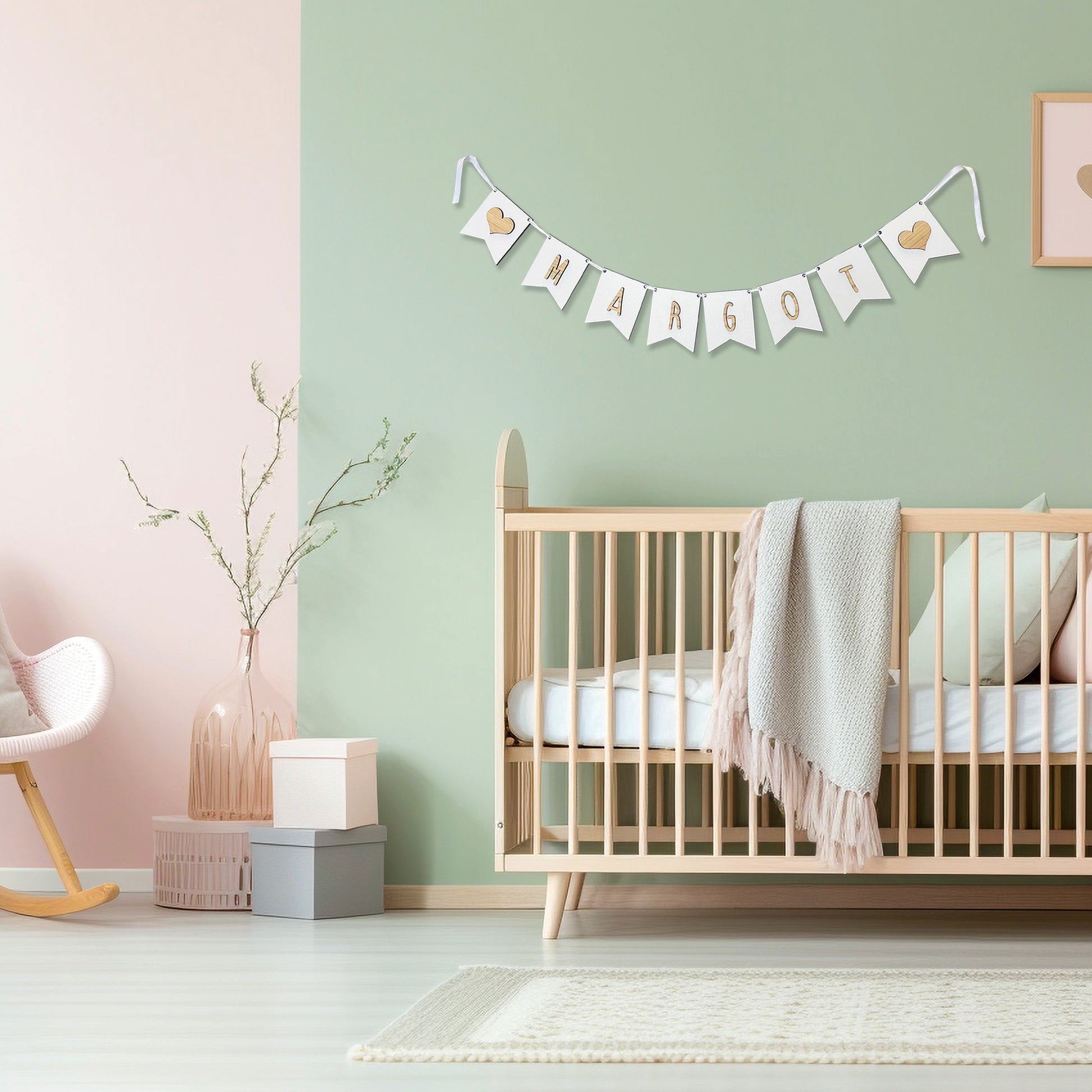 Personalised White Wood Name Bunting with Hearts - Nursery or Child's Room Decor - Add any Name!