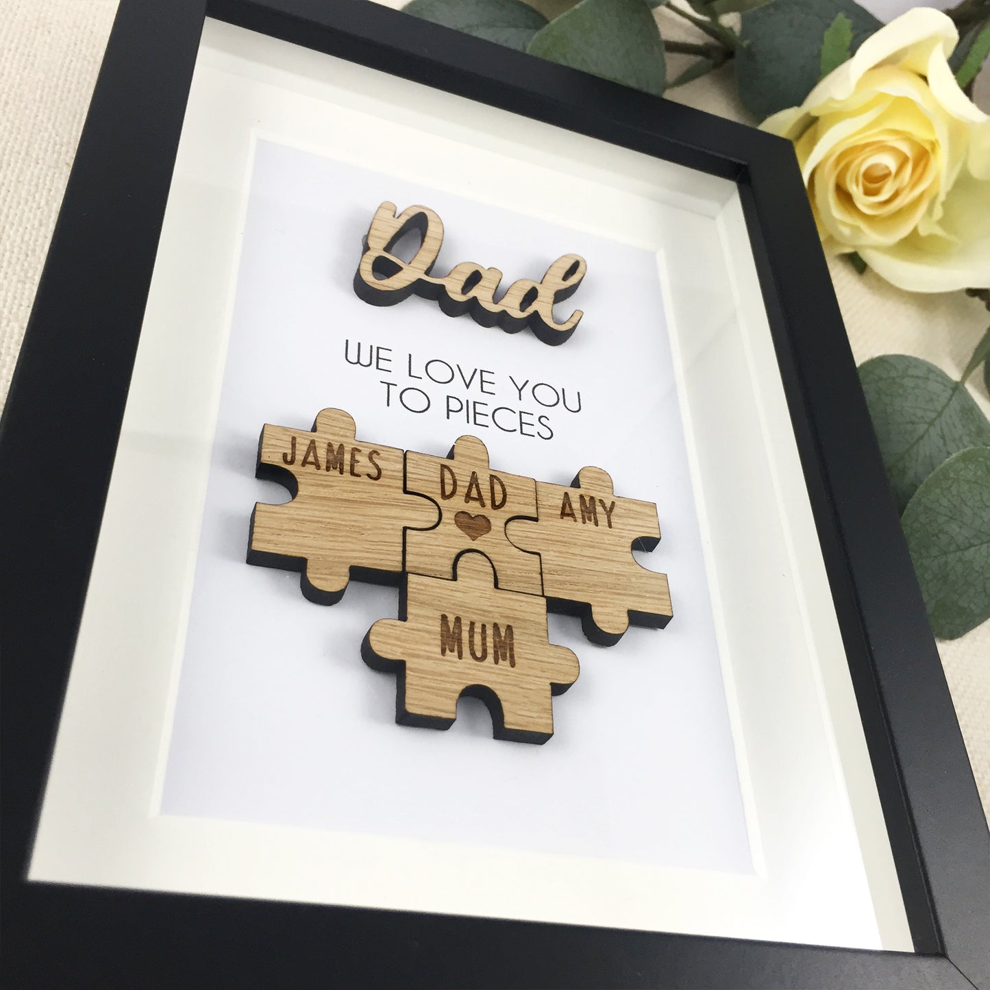 Personalised Dad / Daddy 'We Love You To Pieces' Wooden Fathers Day Christmas Birthday Puzzle Pieces Family Box Frame Add your family names
