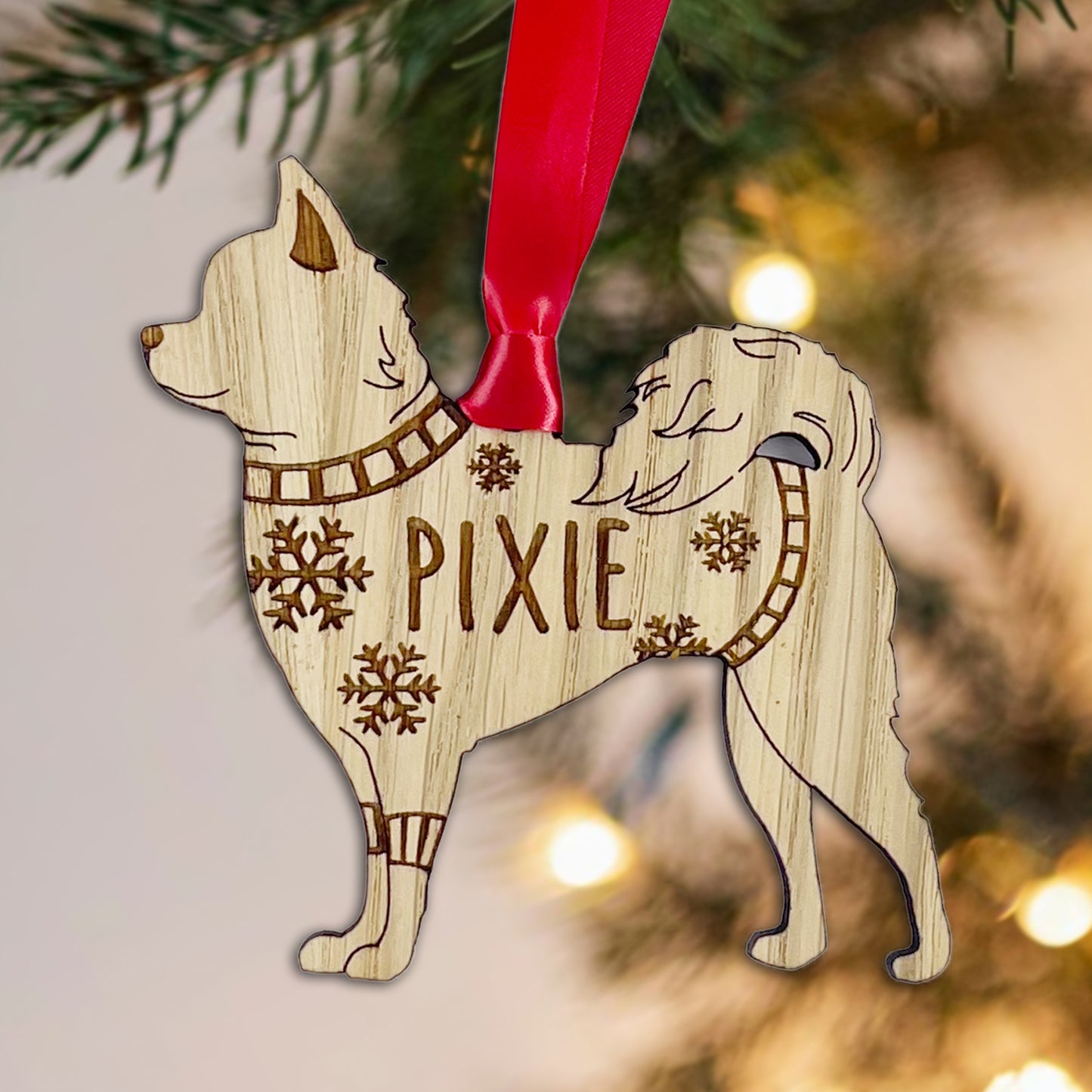 Personalised Chihuahua Bauble Jumper Dog Bauble - Oak Veneer Wood - Add any name
