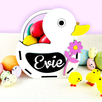 Personalised White Wood Easter Egg Hunt Duck Basket Box - Cute Easter Gift - Easter egg hunt Basket - Spring Duck