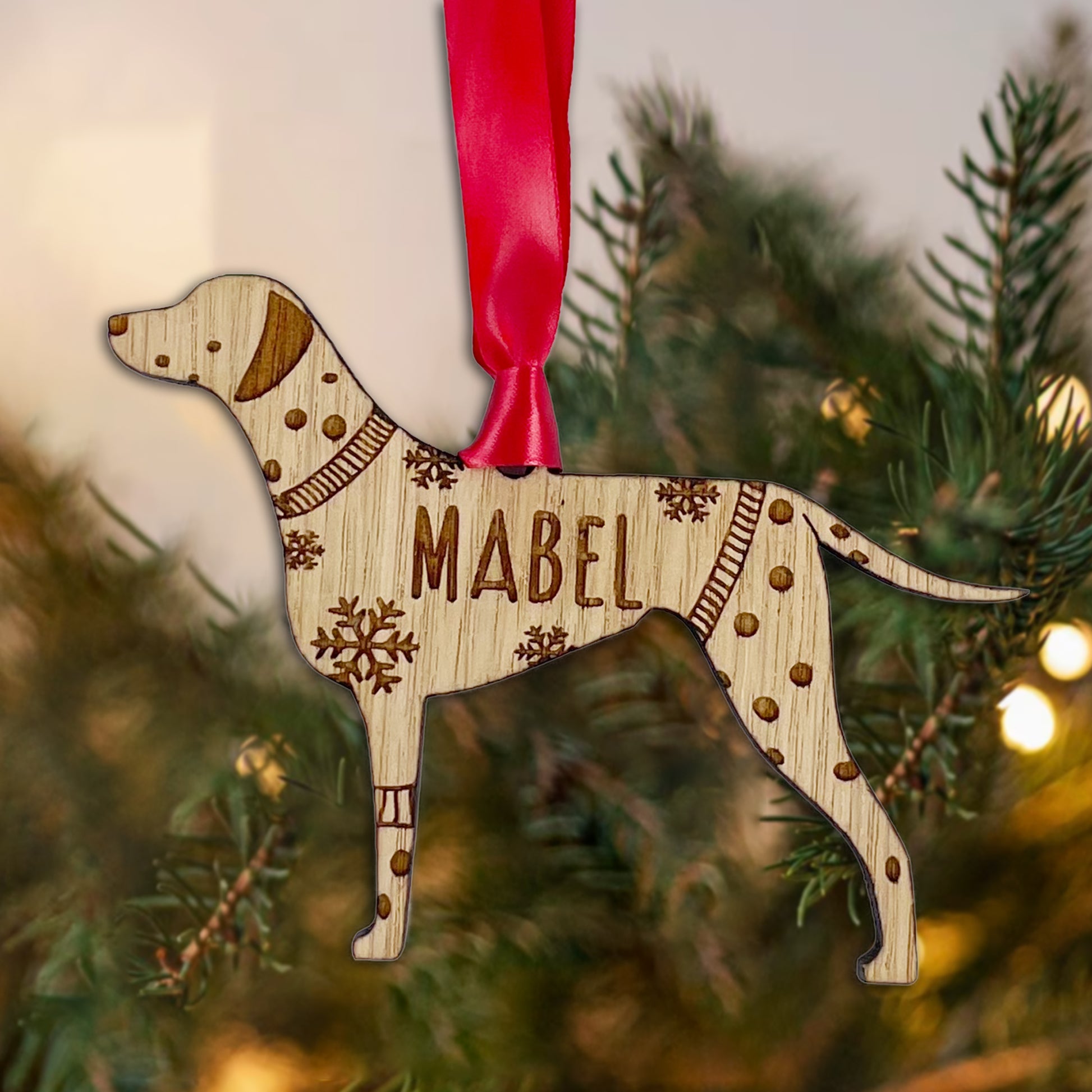 Personalised Dalmation Bauble Jumper Dog Bauble - Oak Veneer Wood - Add any name