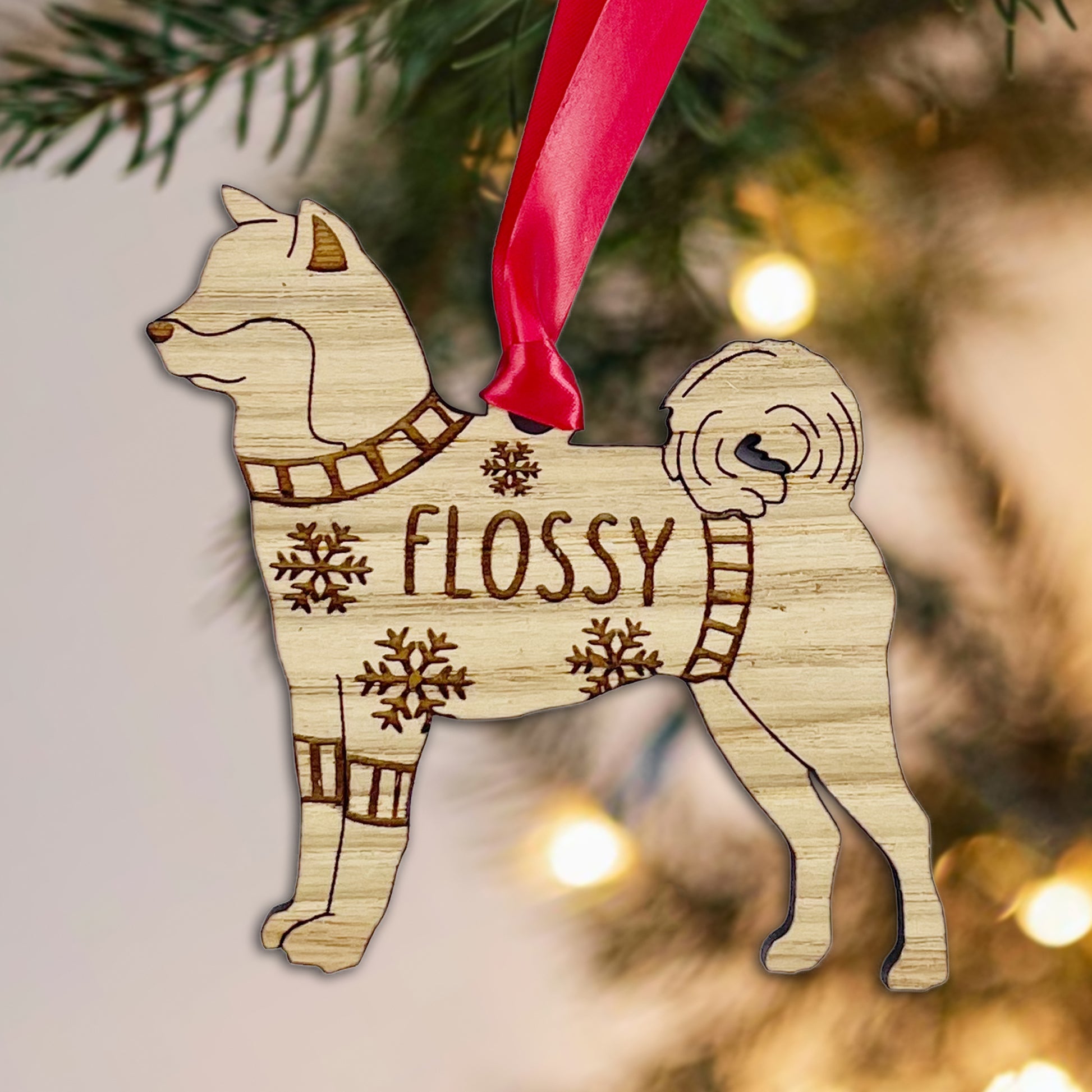 Personalised Akita Bauble Jumper Dog Bauble - Oak Veneer Wood - Add any name