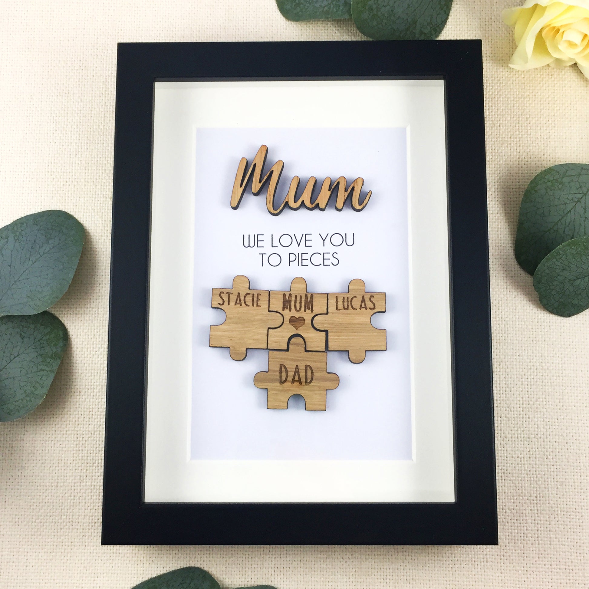 Personalised Mum / Mummy 'We Love You To Pieces' Wooden Mothers Day Christmas Birthday Puzzle Pieces Family Box Frame Add your family names