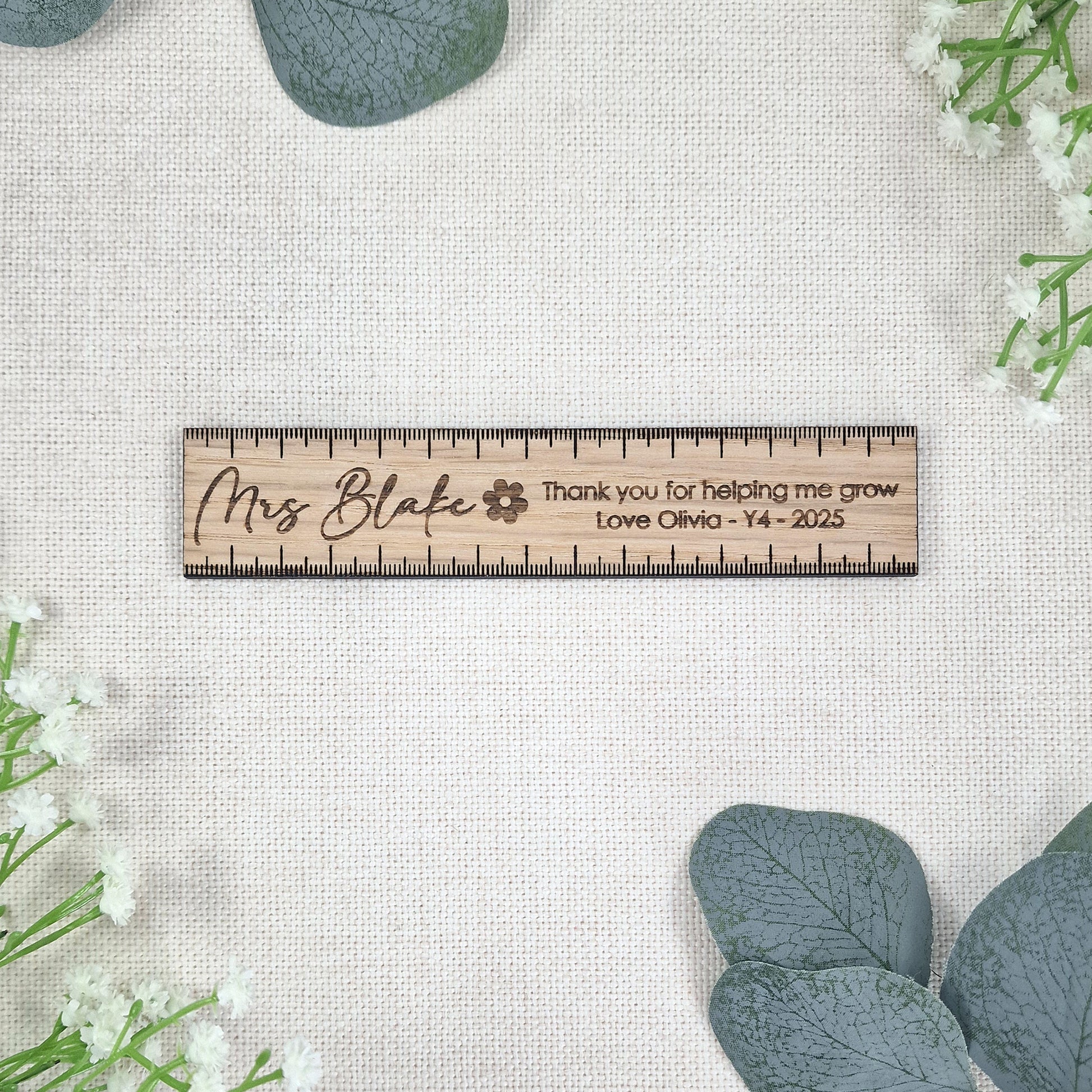 Personalised Wooden Teacher 15cm Ruler – Thank You for Helping Me Grow Gift – Engraved Name, Class & Year – Sustainable Oak or White Wood
