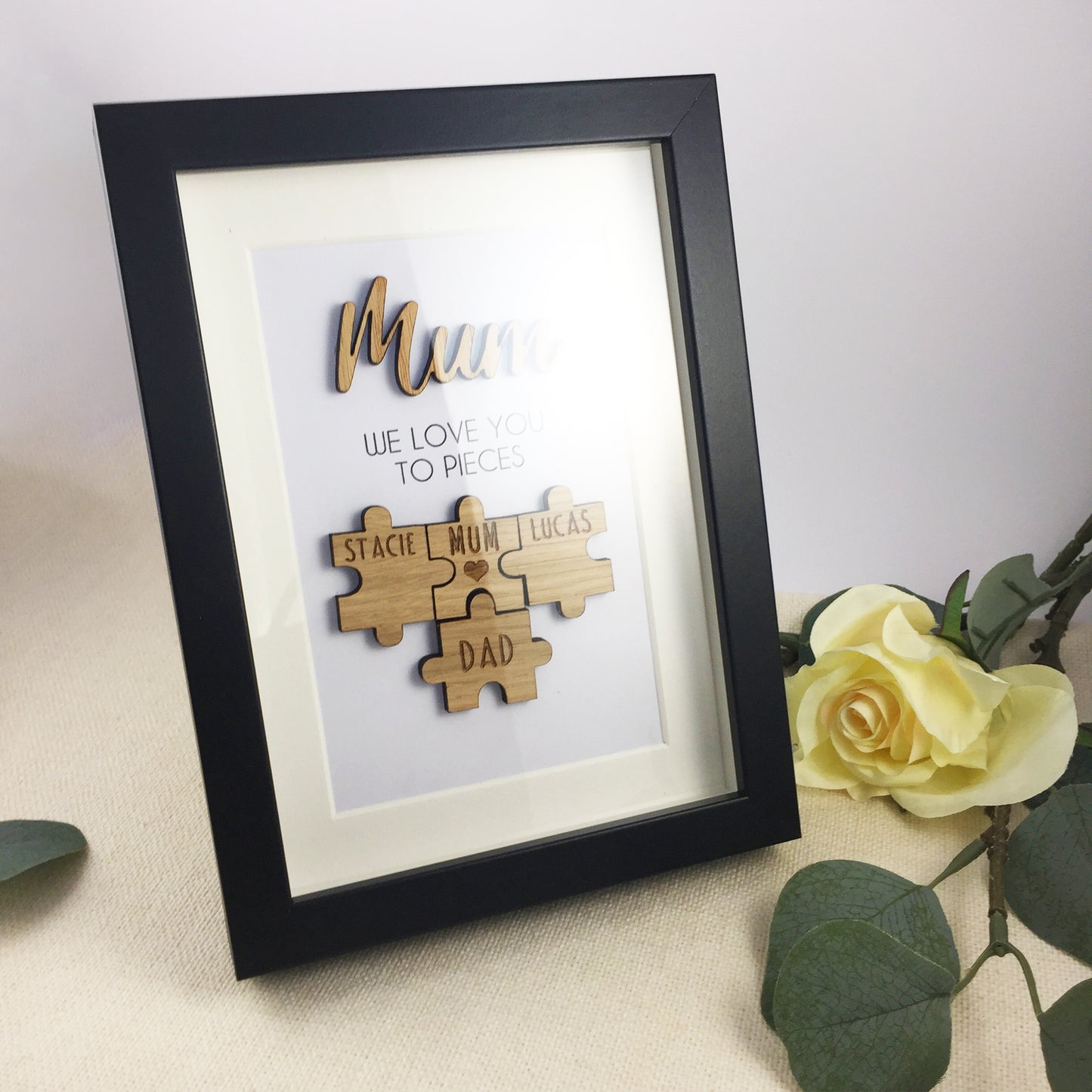 Personalised Mum / Mummy 'We Love You To Pieces' Wooden Mothers Day Christmas Birthday Puzzle Pieces Family Box Frame Add your family names