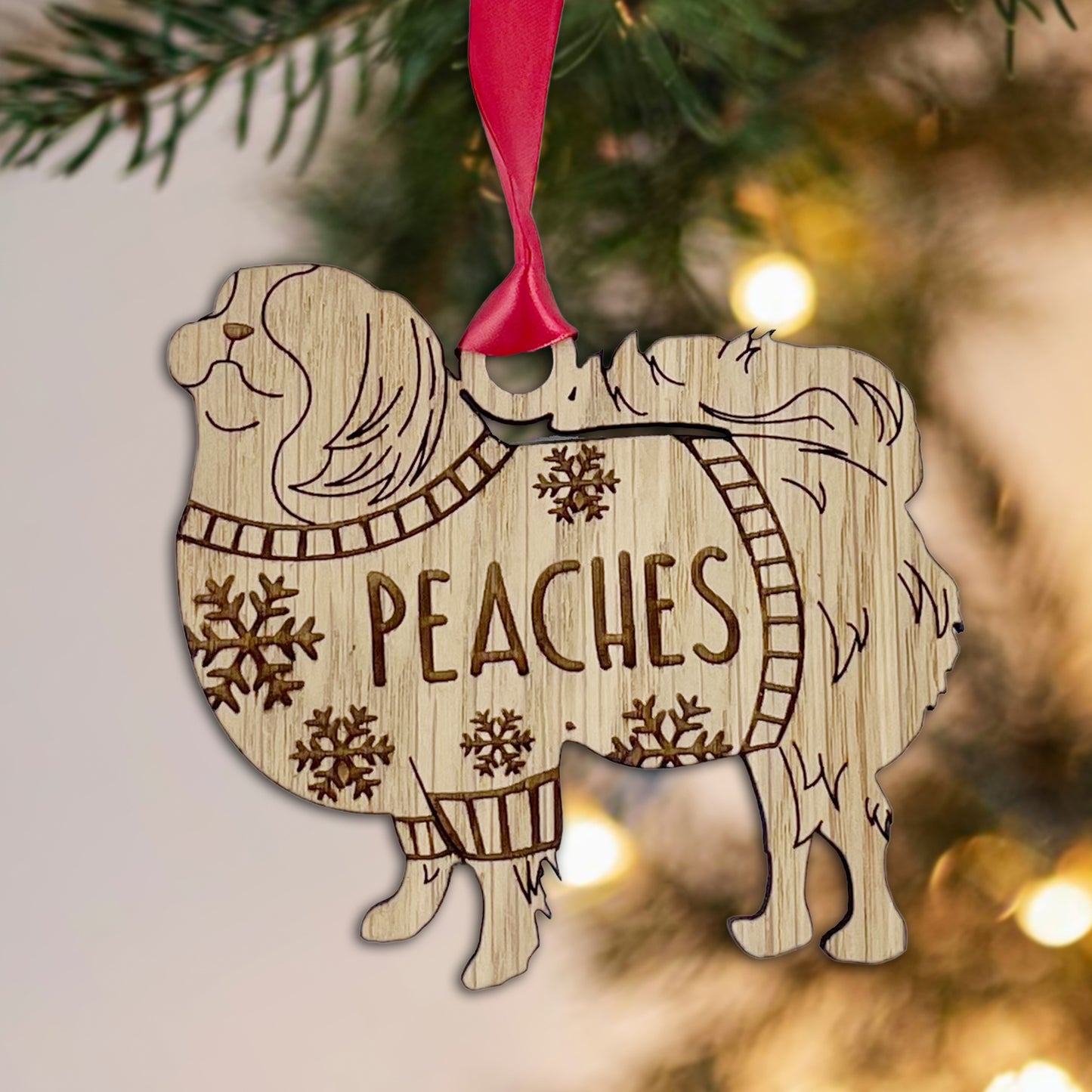 Personalised Japanese Chin Bauble Jumper Dog Bauble - Oak Veneer Wood - Add any name
