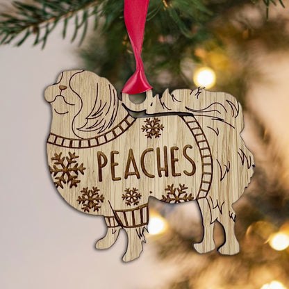 Personalised Japanese Chin Bauble Jumper Dog Bauble - Oak Veneer Wood - Add any name