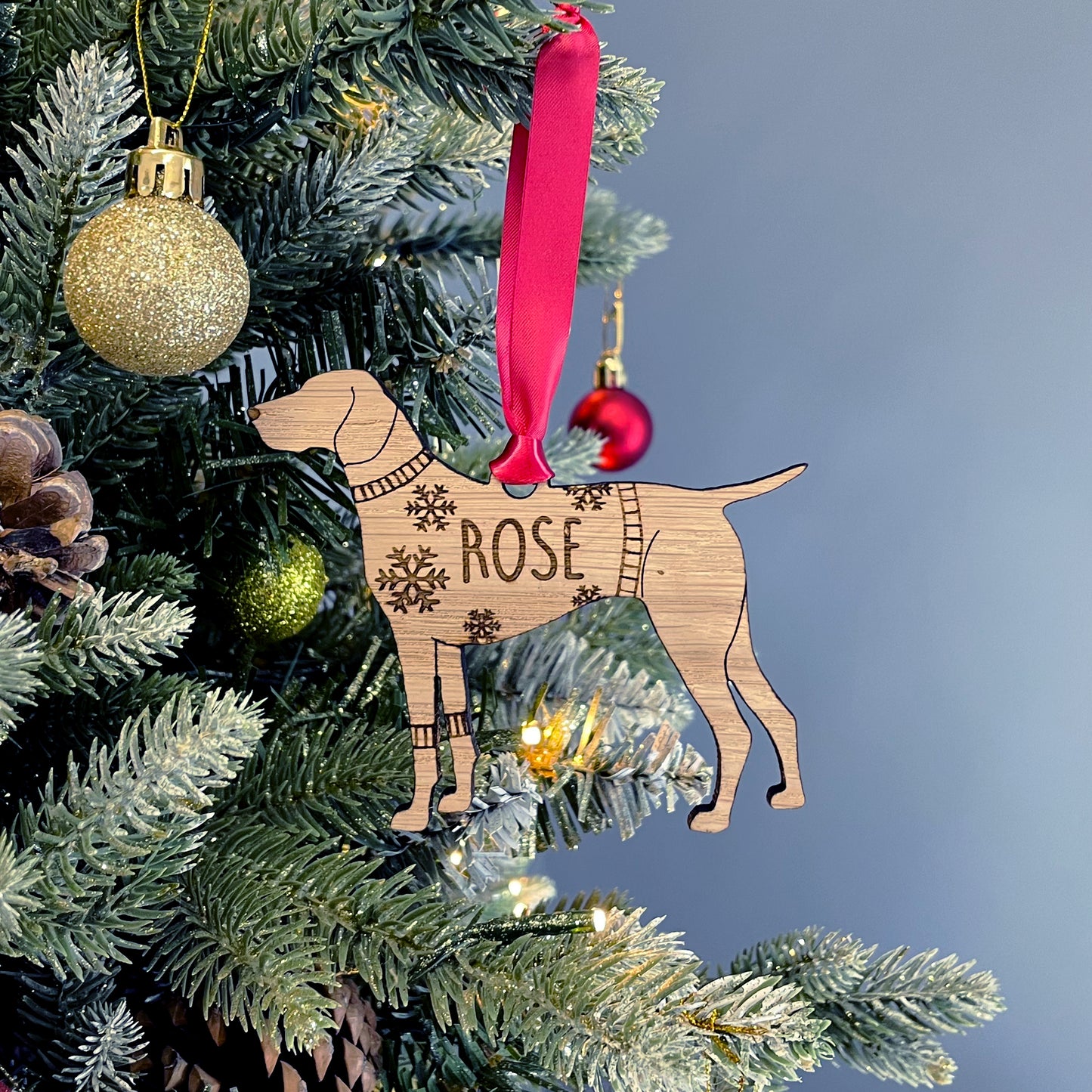 Personalised Pointer Bauble Jumper Dog Bauble - Oak Veneer Wood - Add any name