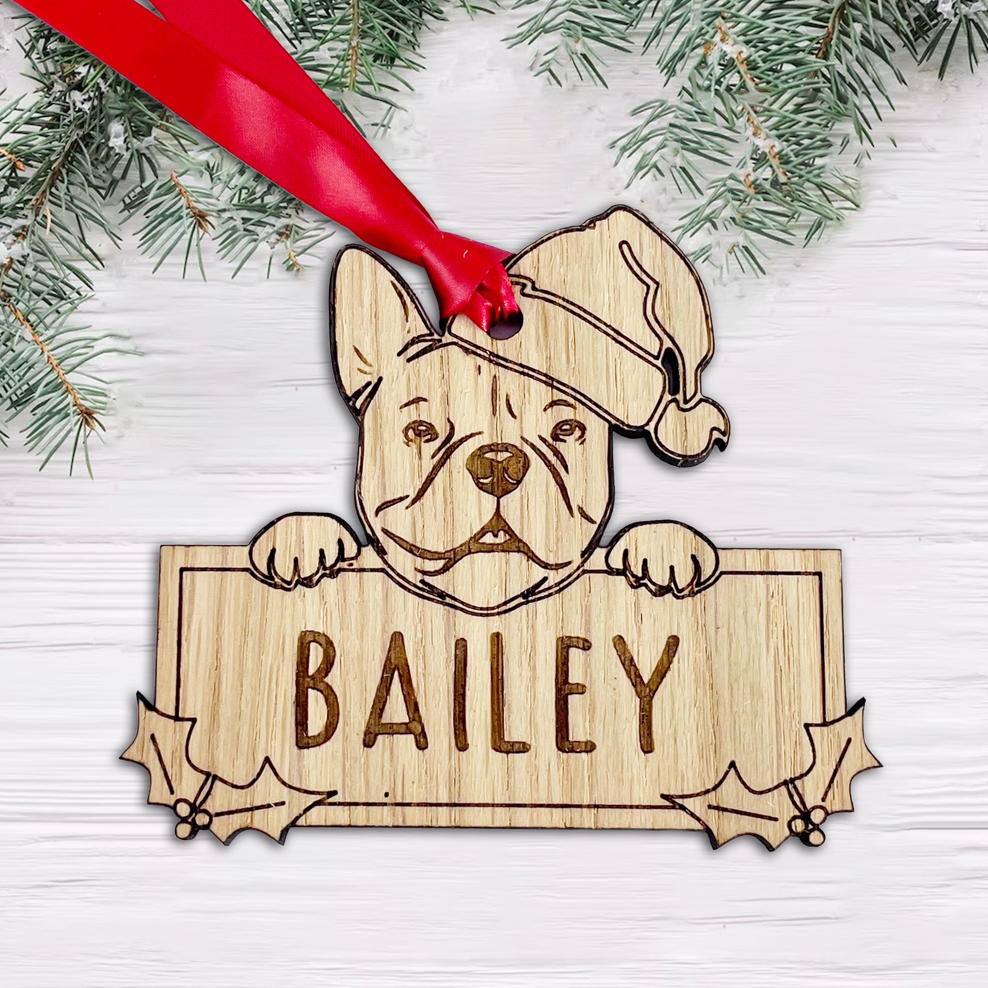 Personalised French Bull Dog Bauble - Peeking Dog - Oak Veneer Wood - Add your own name!
