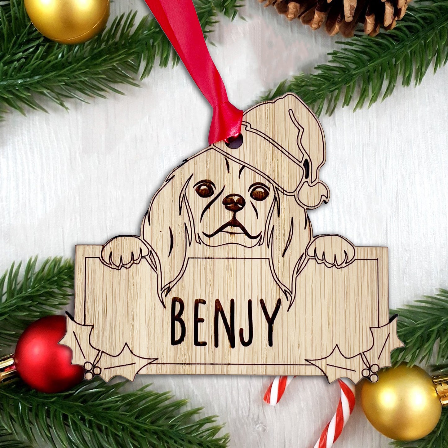 Personalised Cavalier King Charles Spaniel Dog Bauble - Peeking Dog - Oak Veneer Wood - Add your own name!