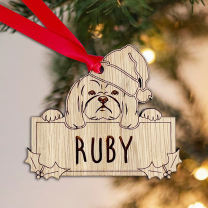 Personalised Shih Tzu Dog Bauble - Peeking Dog - Oak Veneer Wood - Add your own name!