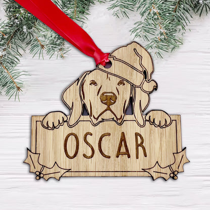 Personalised Hungarian Vizla Dog Bauble - Peeking Dog - Oak Veneer Wood - Add your own name!