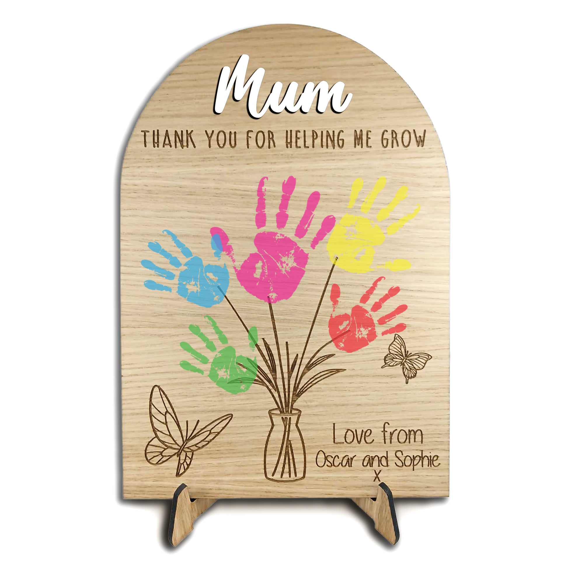 Personalised Mum Handprint Plaque, Thank You For Helping Me Grow Wooden Gift, Mother’s Day Present from Kids, Mum Birthday Keepsake Sign