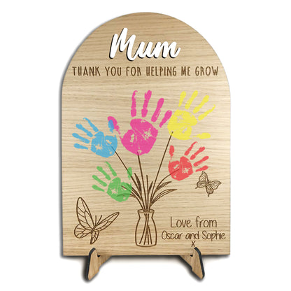 Personalised Mum Handprint Plaque, Thank You For Helping Me Grow Wooden Gift, Mother’s Day Present from Kids, Mum Birthday Keepsake Sign