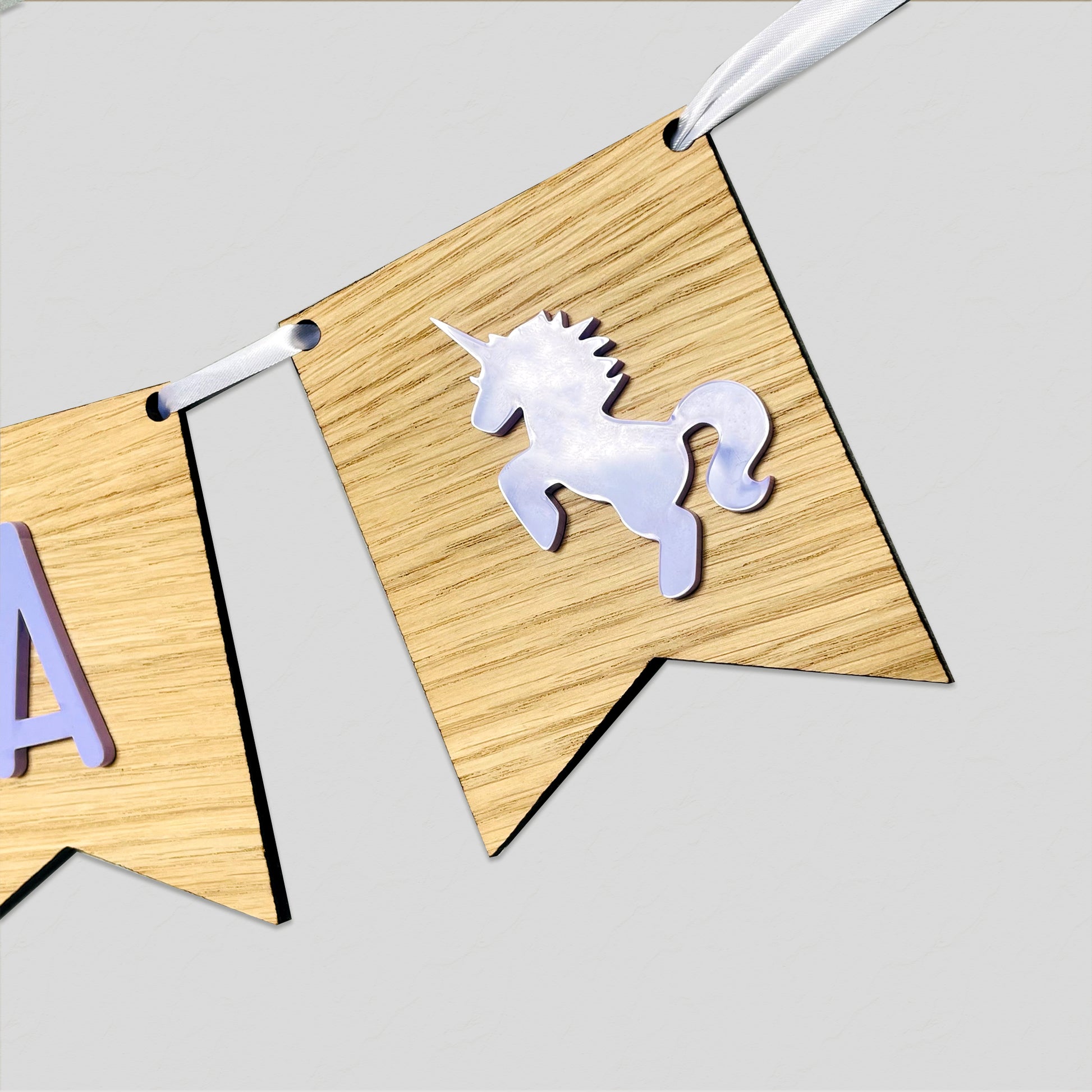 Personalised Oak Wood Name Bunting with Unicorns - Nursery or Child's Room Decor - Add any Name!