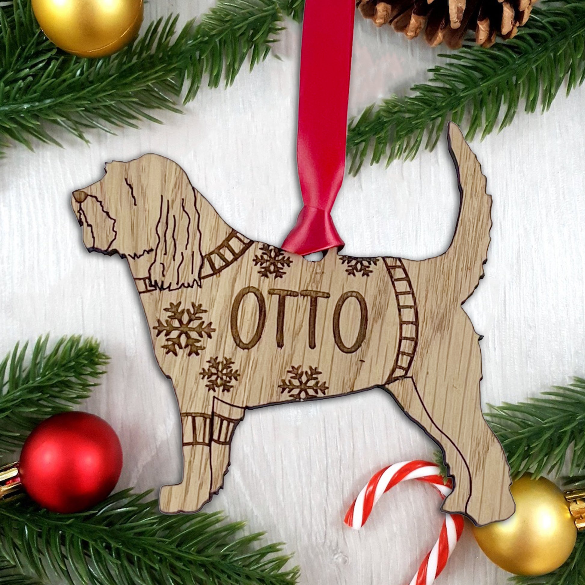 Personalised Otterhound Bauble Jumper Dog Bauble - Oak Veneer Wood - Add any name