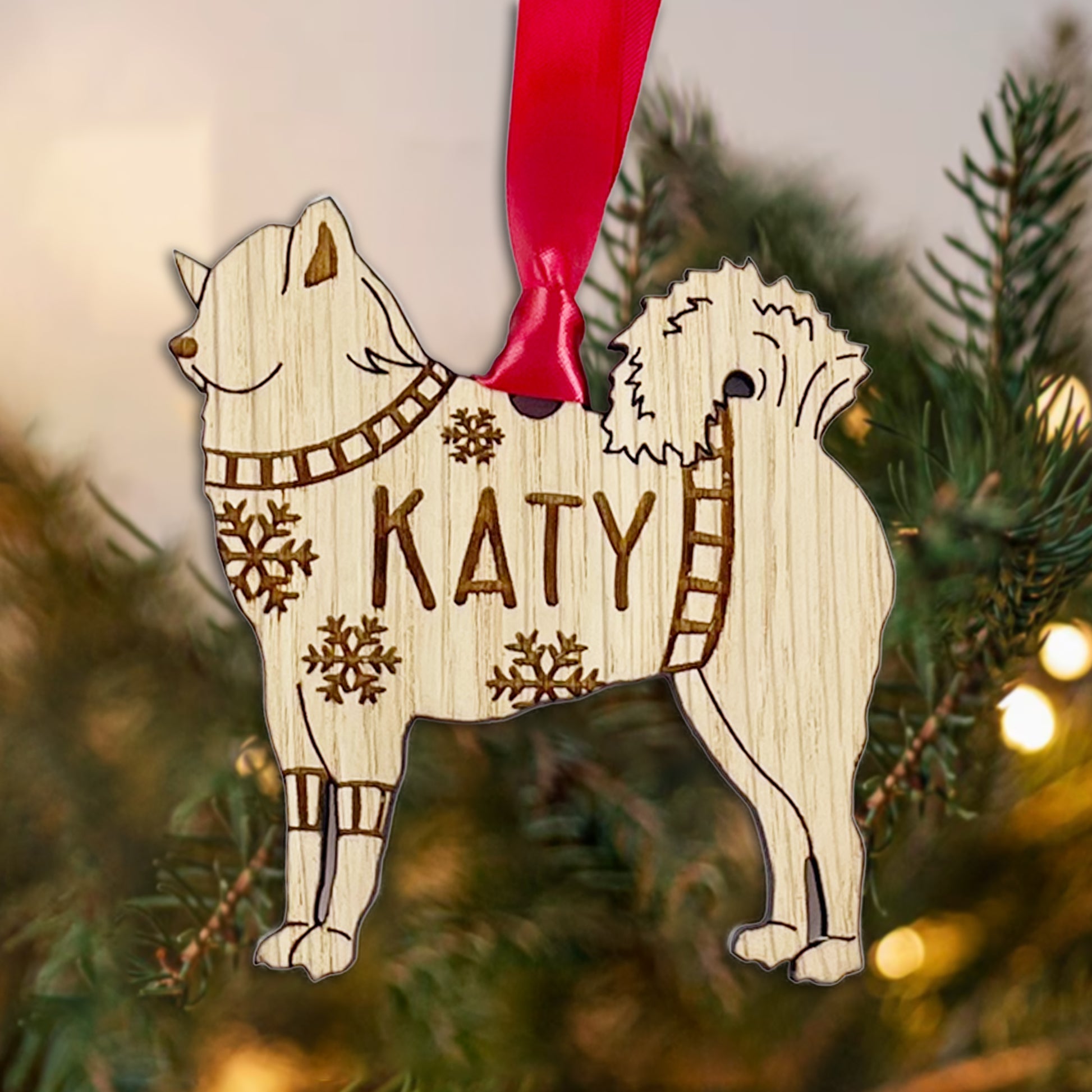Personalised Eurasier Bauble Jumper Dog Bauble - Oak Veneer Wood - Add any name