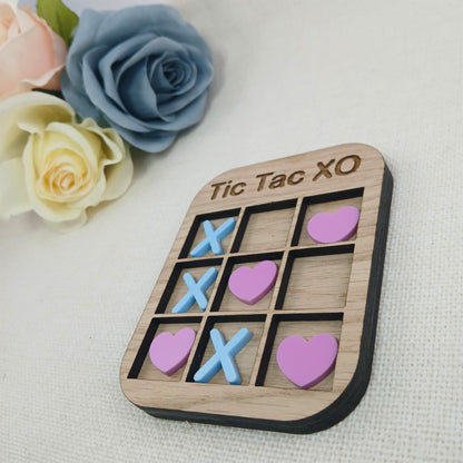 Tic Tac Toe Style Mini Board Game - Love Hearts and X's Valentine's Day Blue and Pink - Oak Wood and Acrylic - Anniversary - Birthday