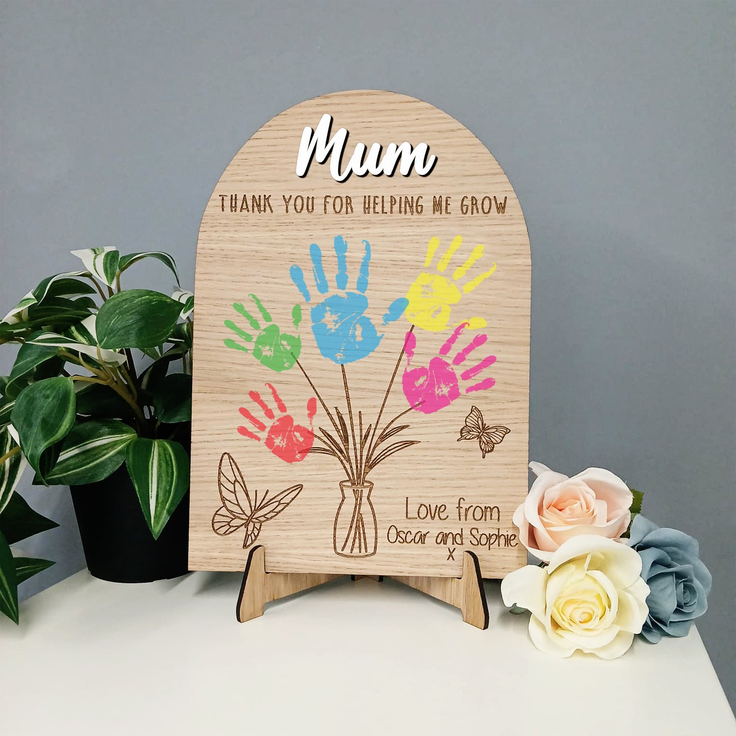 Personalised Mum Handprint Plaque, Thank You For Helping Me Grow Wooden Gift, Mother’s Day Present from Kids, Mum Birthday Keepsake Sign