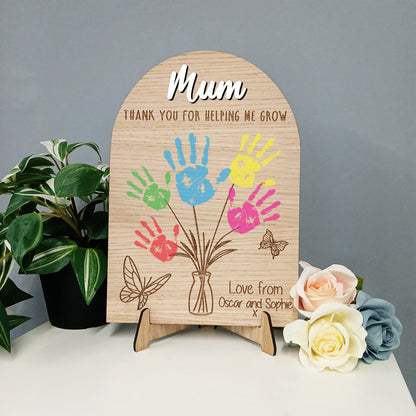 Personalised Mum Handprint Plaque, Thank You For Helping Me Grow Wooden Gift, Mother’s Day Present from Kids, Mum Birthday Keepsake Sign