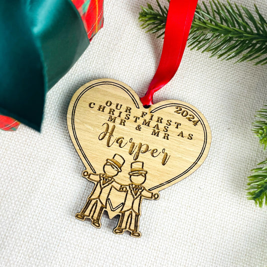 Personalised Wooden Stick Couple "Mr & Mr" Wedding Bauble