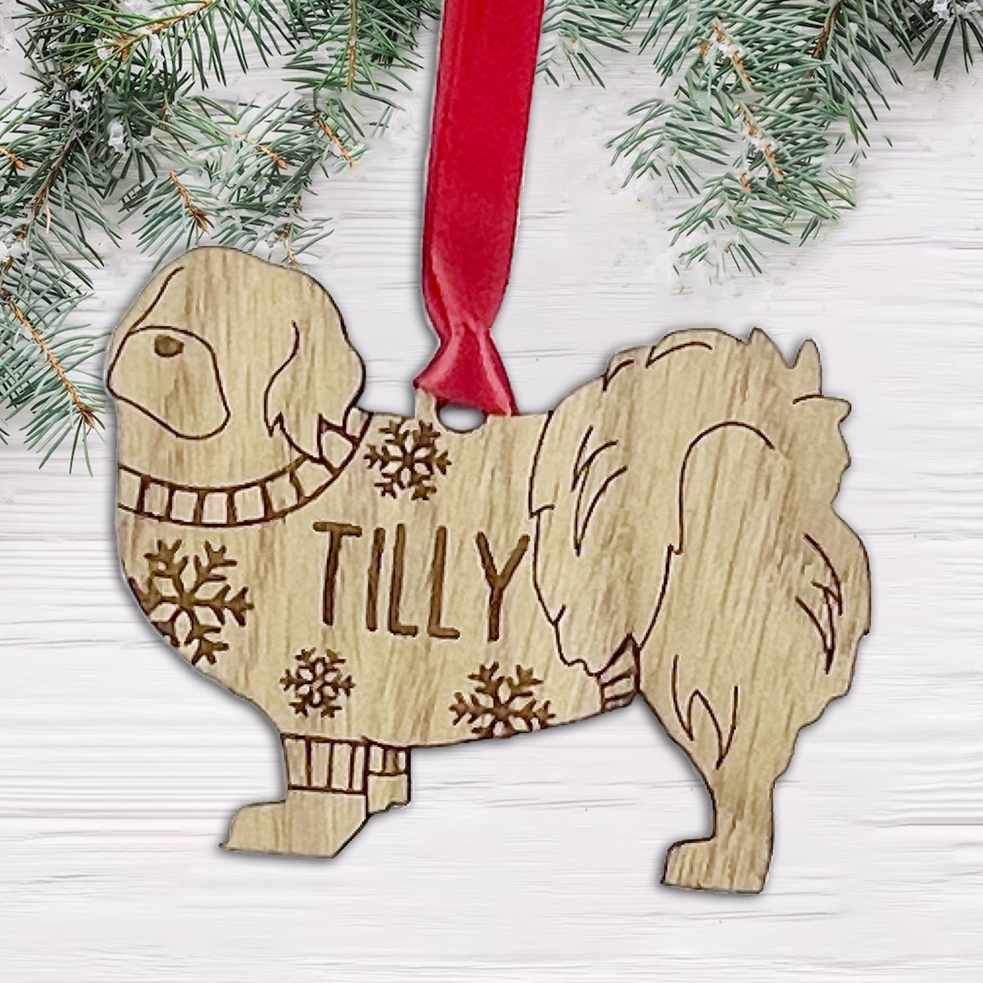 Personalised Tibetan Spaniel Bauble Jumper Dog Bauble - Oak Veneer Wood - Add any name