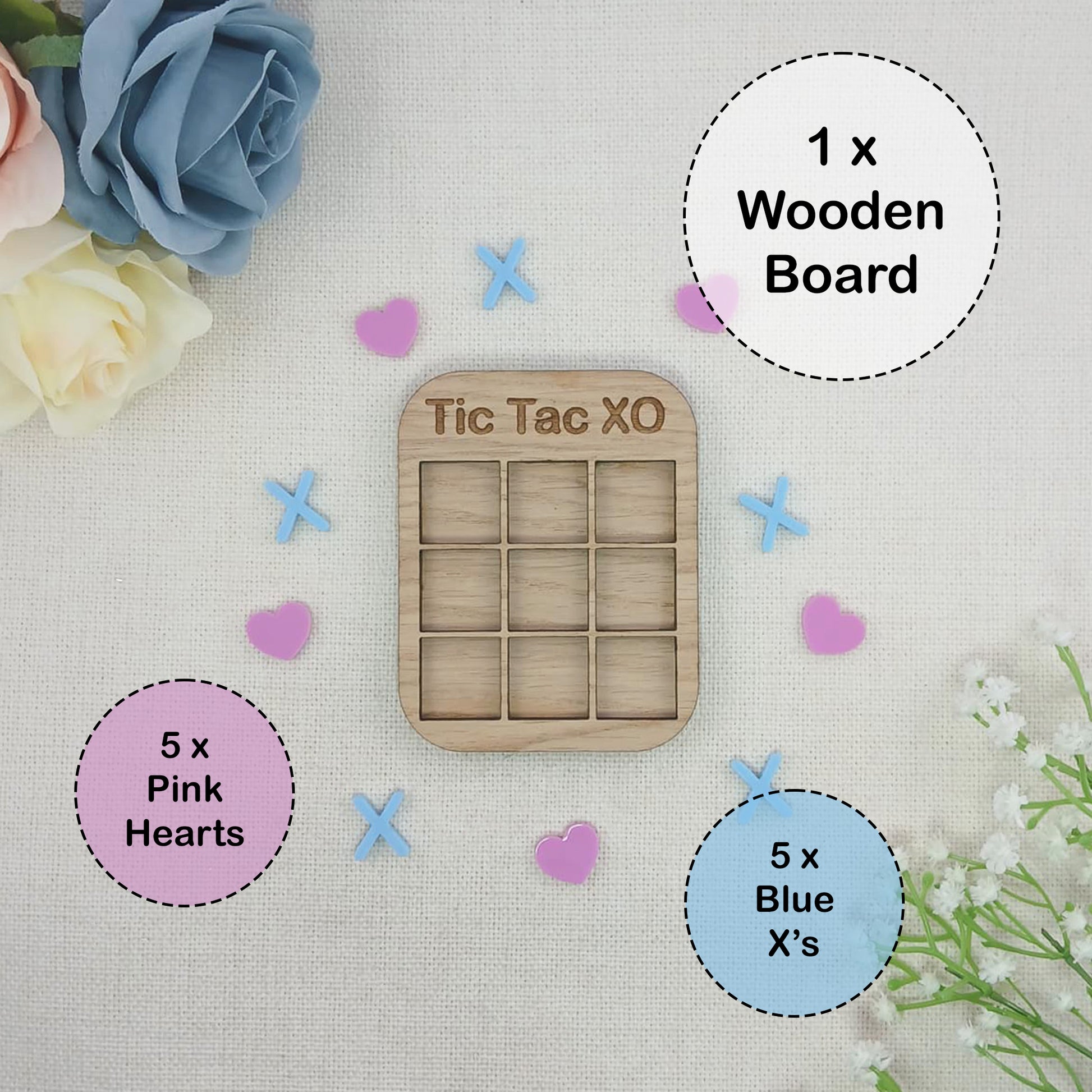 Tic Tac Toe Style Mini Board Game - Love Hearts and X's Valentine's Day Blue and Pink - Oak Wood and Acrylic - Anniversary - Birthday