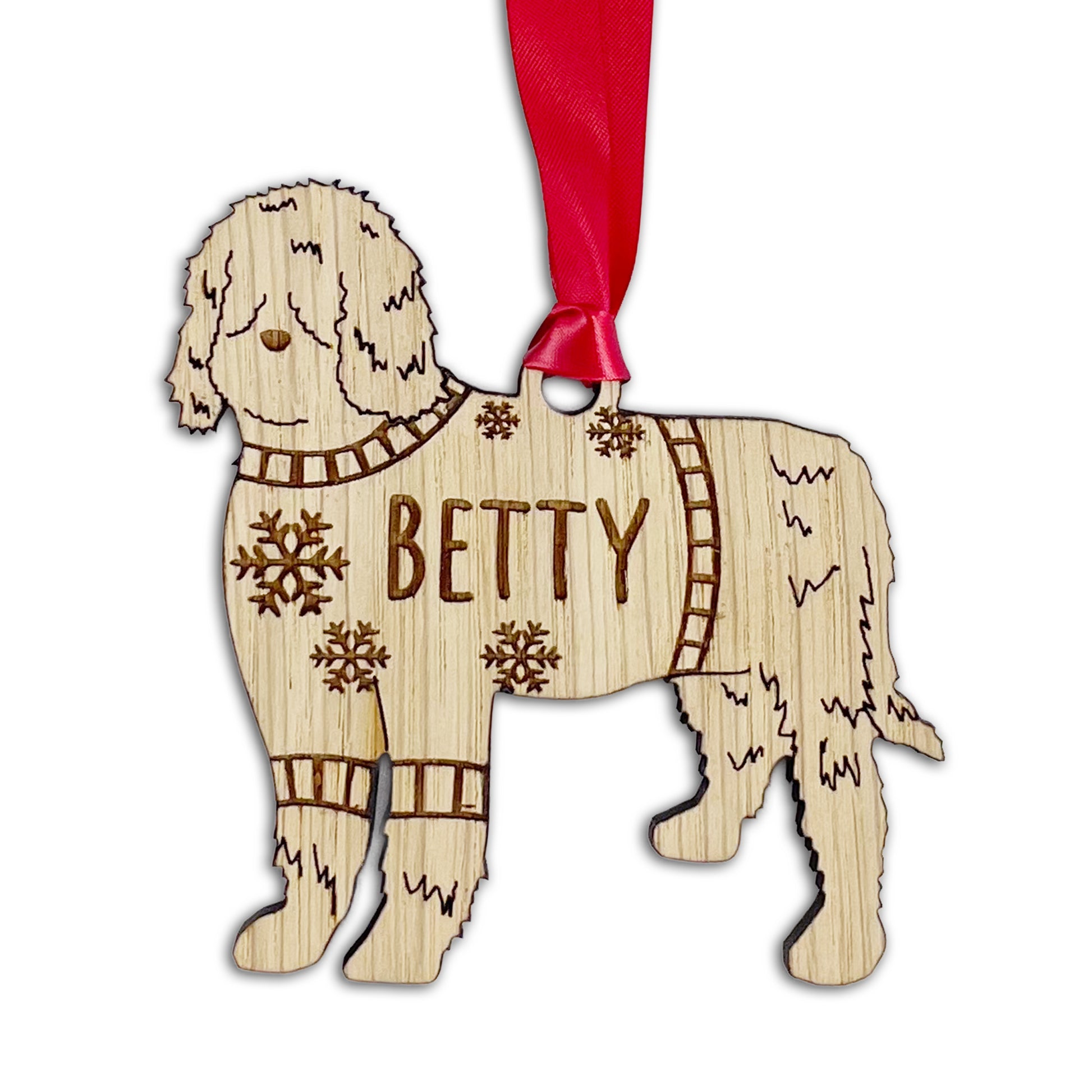Personalised Berbet Bauble Jumper Dog Bauble - Oak Veneer Wood - Add any name