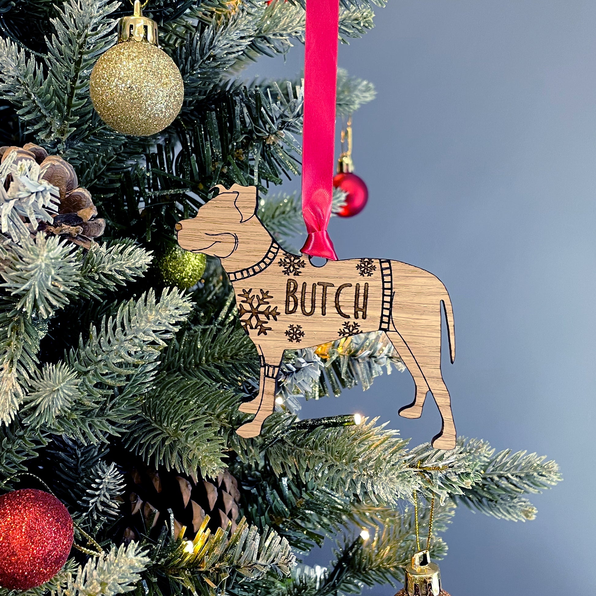 Personalised Pitbull Bauble Jumper Dog Bauble - Oak Veneer Wood - Add any name