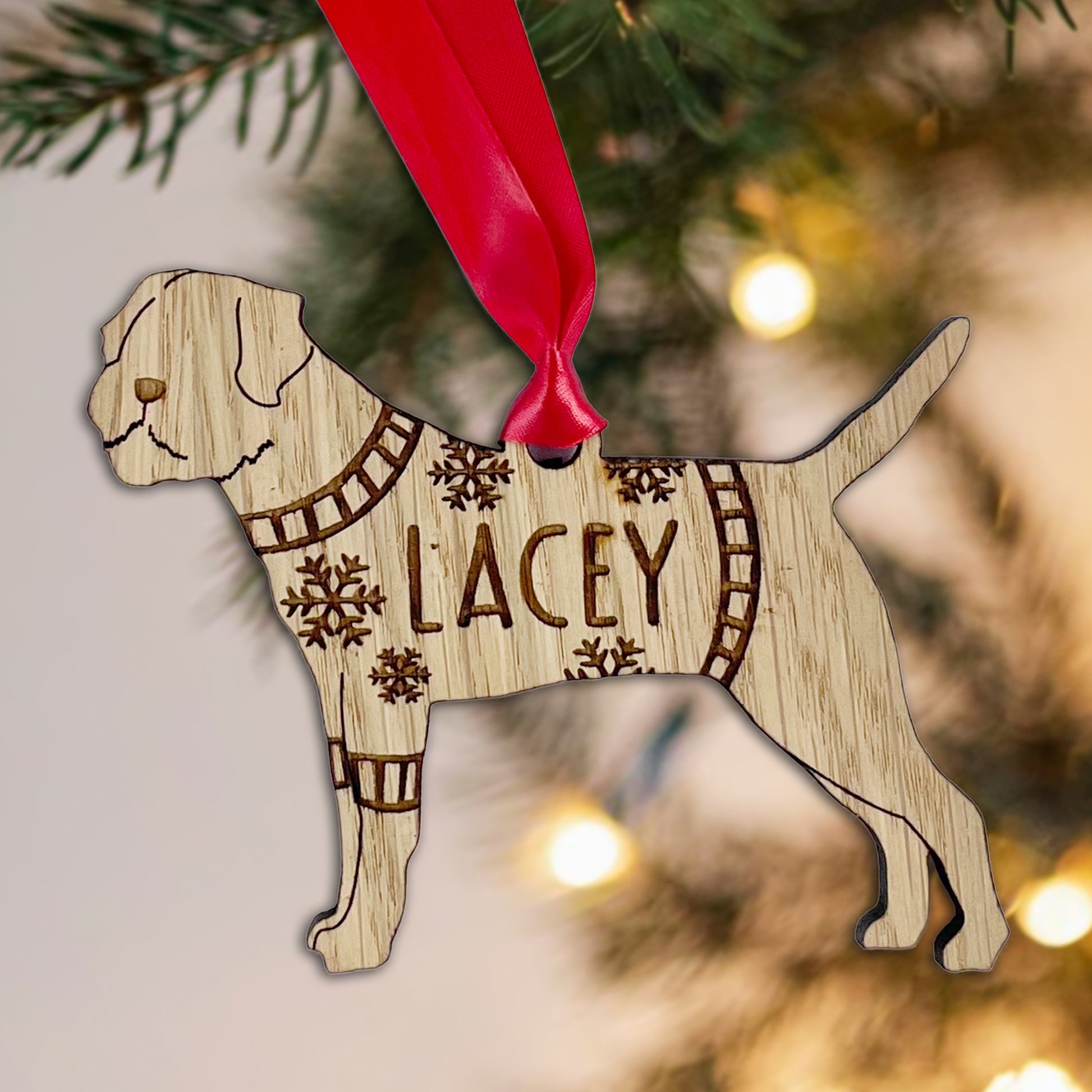 Personalised Border Terrier Bauble Jumper Dog Bauble - Oak Veneer Wood - Add any name