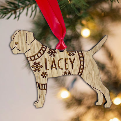 Personalised Border Terrier Bauble Jumper Dog Bauble - Oak Veneer Wood - Add any name