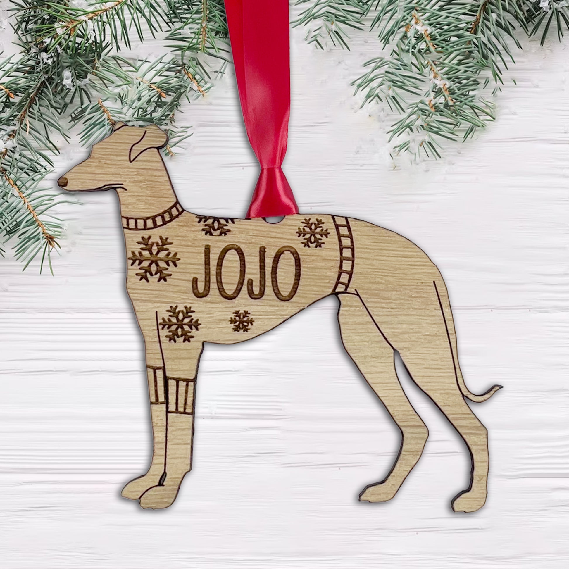 Personalised Greyhound Bauble Jumper Dog Bauble - Oak Veneer Wood - Add any name
