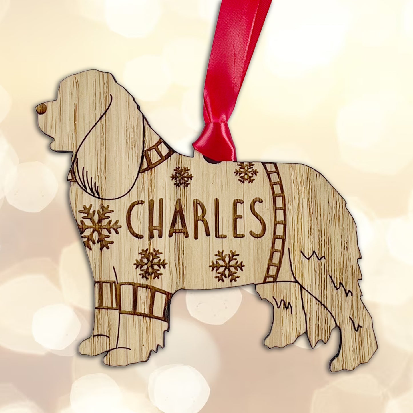 Personalised Cavalier Bauble Jumper Dog Bauble - Oak Veneer Wood - Add any name