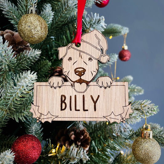 Personalised Staffy Dog Bauble - Peeking Dog - Oak Veneer Wood - Add your own name!
