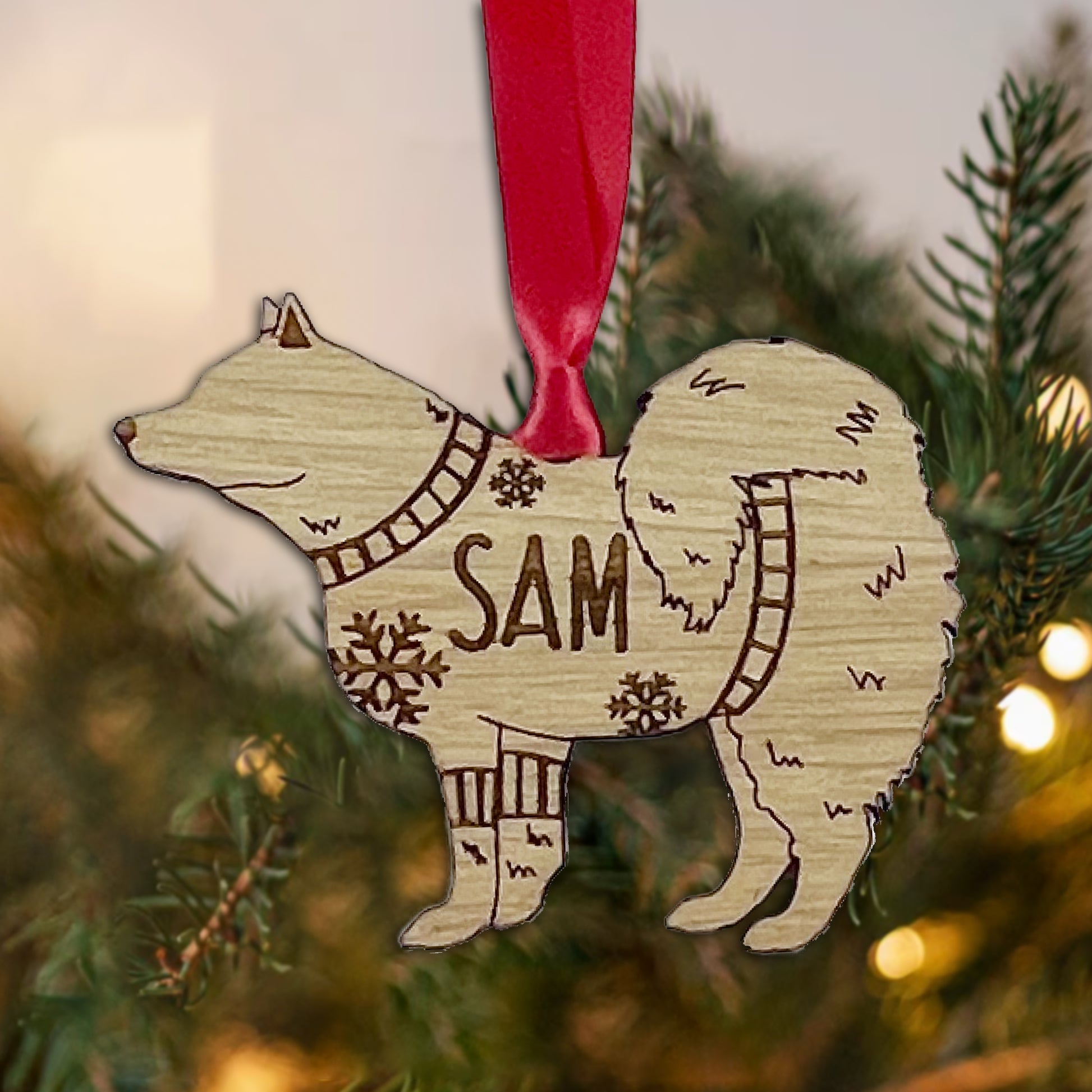 Personalised Samoyed  Bauble Jumper Dog Bauble - Oak Veneer Wood - Add any name