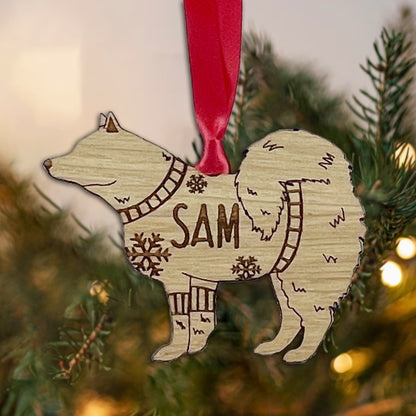 Personalised Samoyed  Bauble Jumper Dog Bauble - Oak Veneer Wood - Add any name