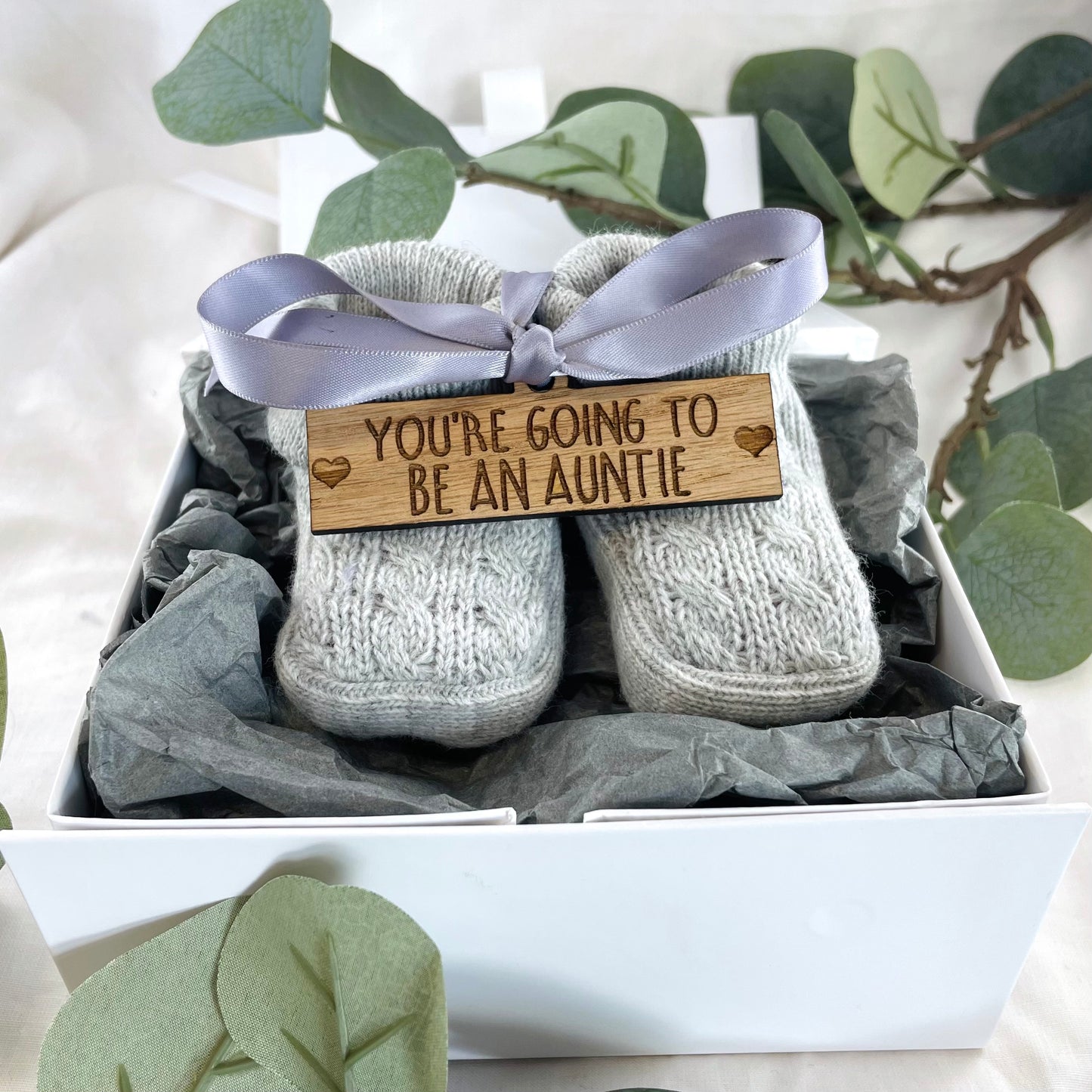 Guess What' Booties - Grey & Gift Boxed - "You're Going to Be..." - An Auntie