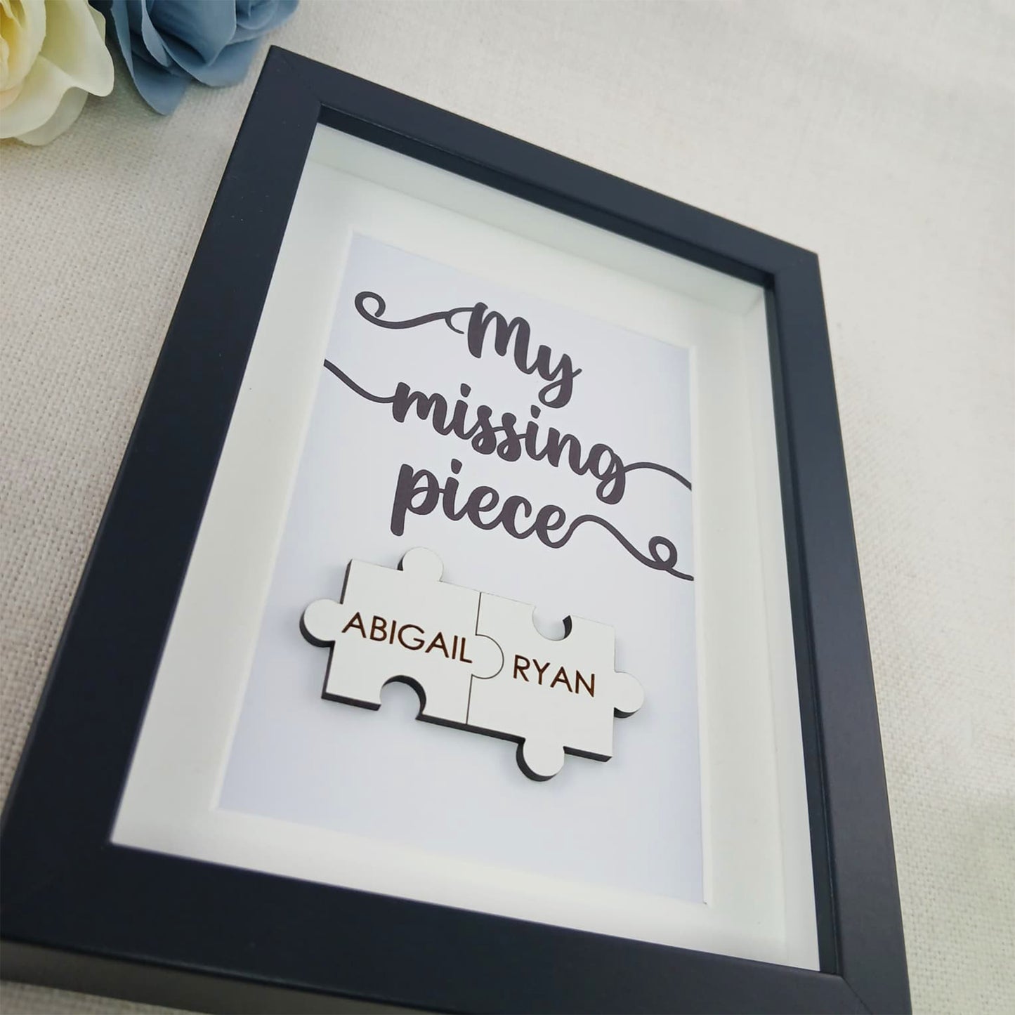 Personalised Wooden 'My Missing Piece' Valentine's Day Puzzle Pieces Couple Box Frame - Add your names - Anniversary or Birthday Gift