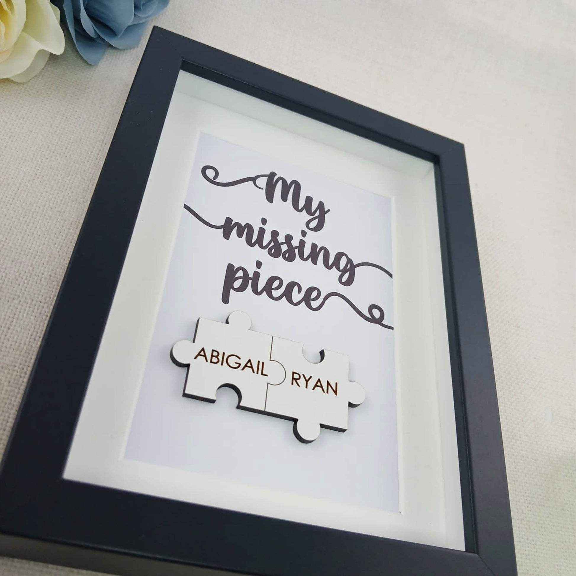 Personalised Wooden 'My Missing Piece' Valentine's Day Puzzle Pieces Couple Box Frame - Add your names - Anniversary or Birthday Gift