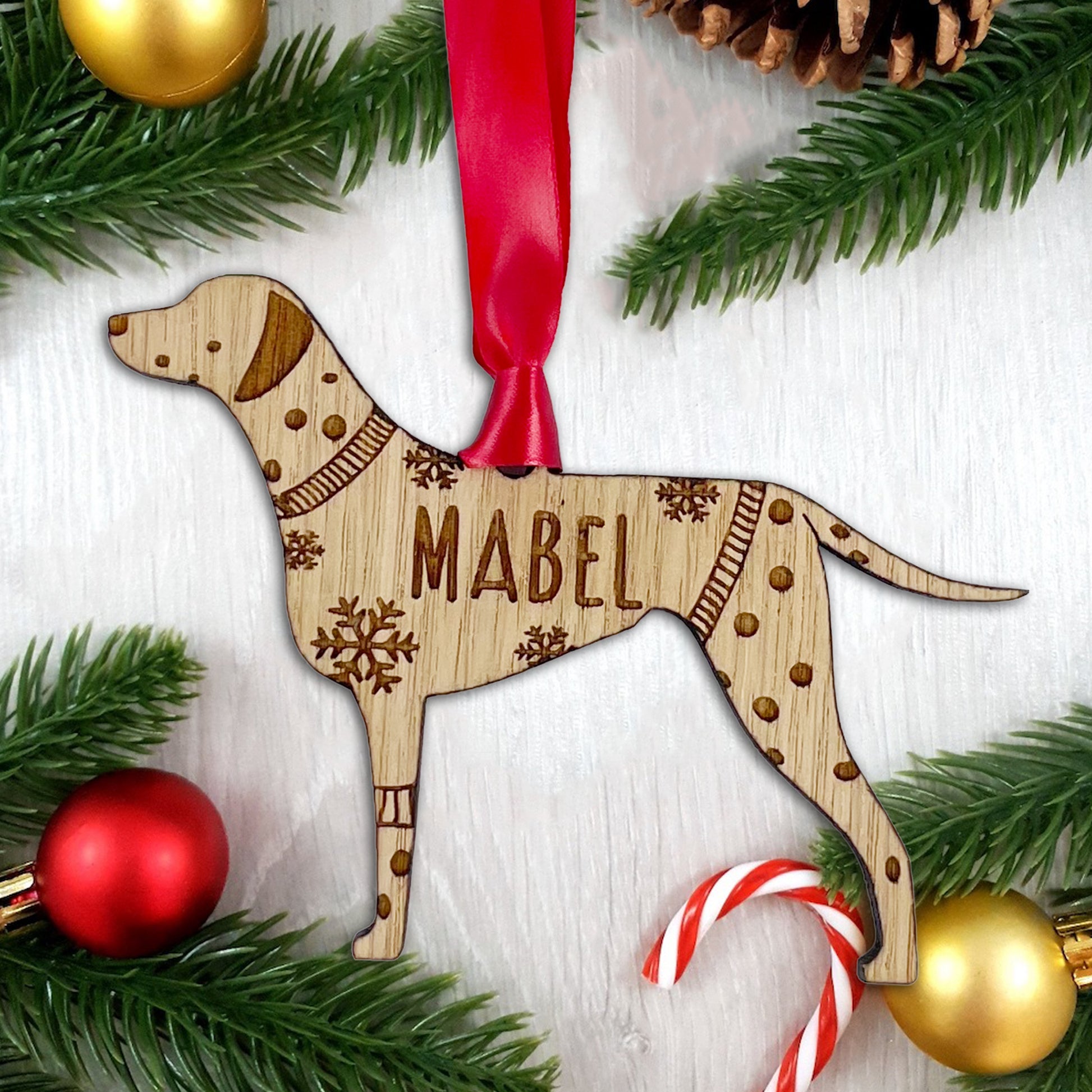 Personalised Dalmation Bauble Jumper Dog Bauble - Oak Veneer Wood - Add any name