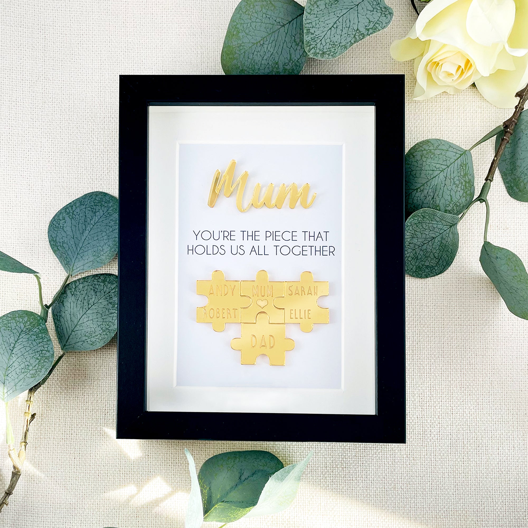 Personalised Mum Gold 'You're the Piece That Holds Us Together' Mothers Day Puzzle Pieces Family Box Frame