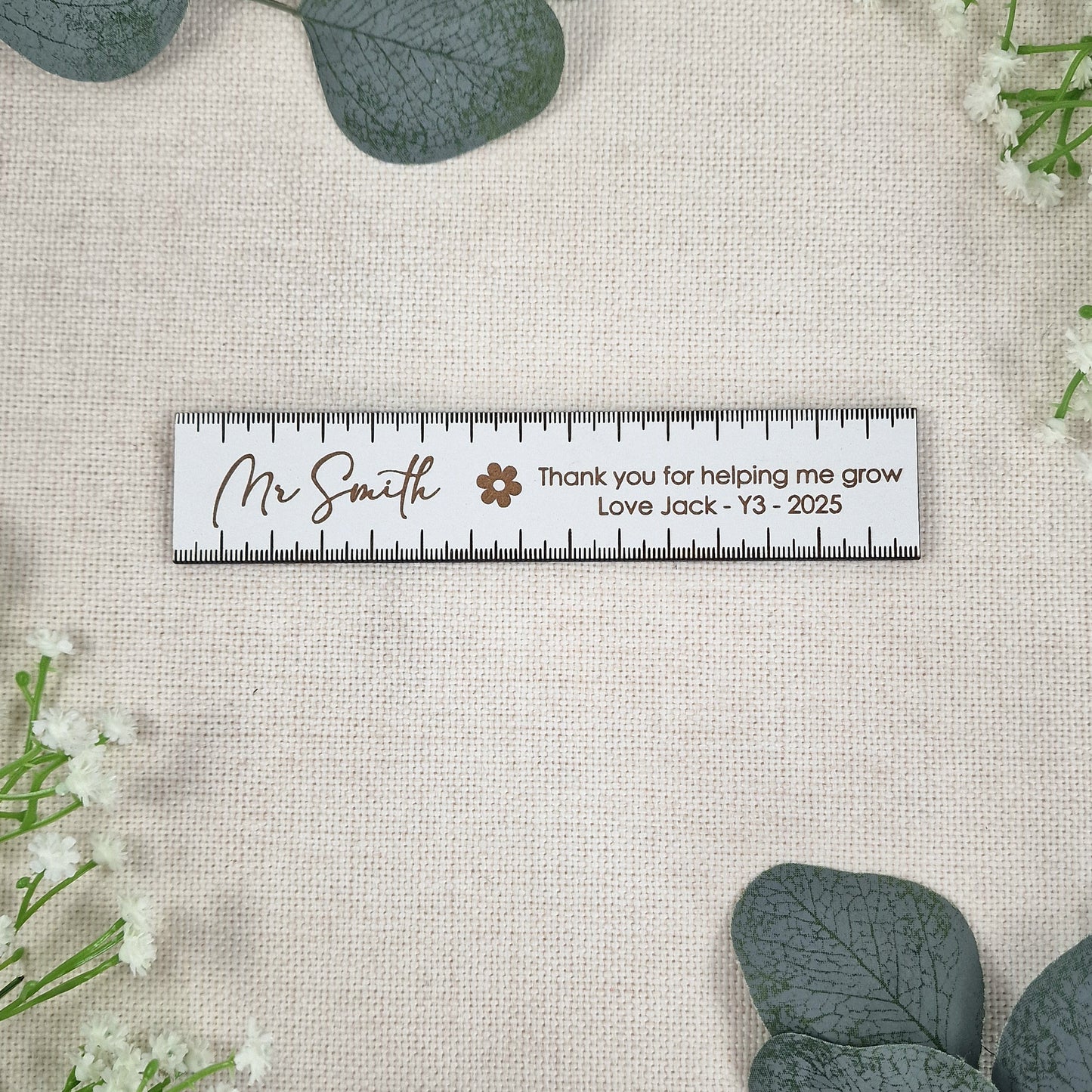 Personalised Wooden Teacher 15cm Ruler – Thank You for Helping Me Grow Gift – Engraved Name, Class & Year – Sustainable Oak or White Wood