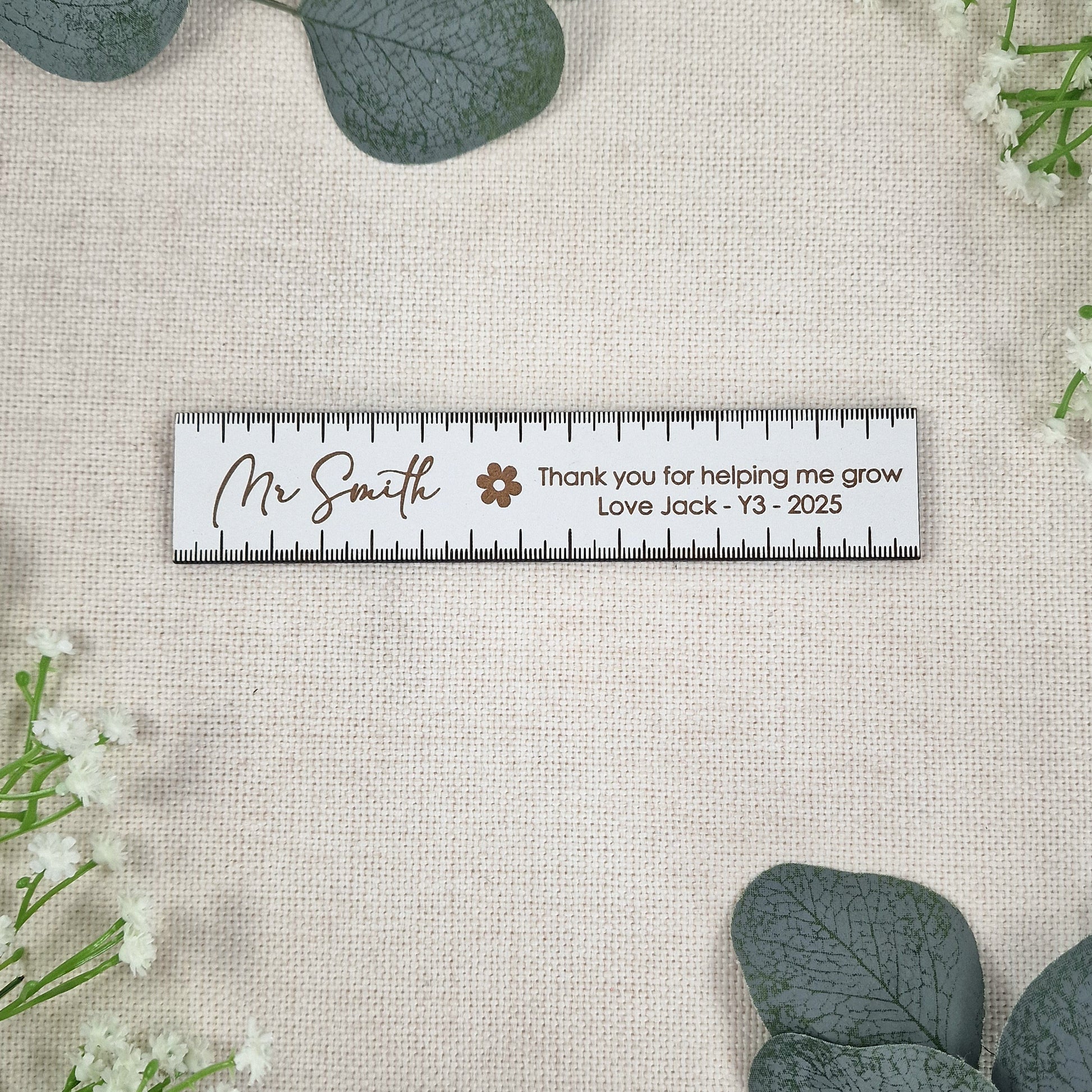 Personalised Wooden Teacher 15cm Ruler – Thank You for Helping Me Grow Gift – Engraved Name, Class & Year – Sustainable Oak or White Wood
