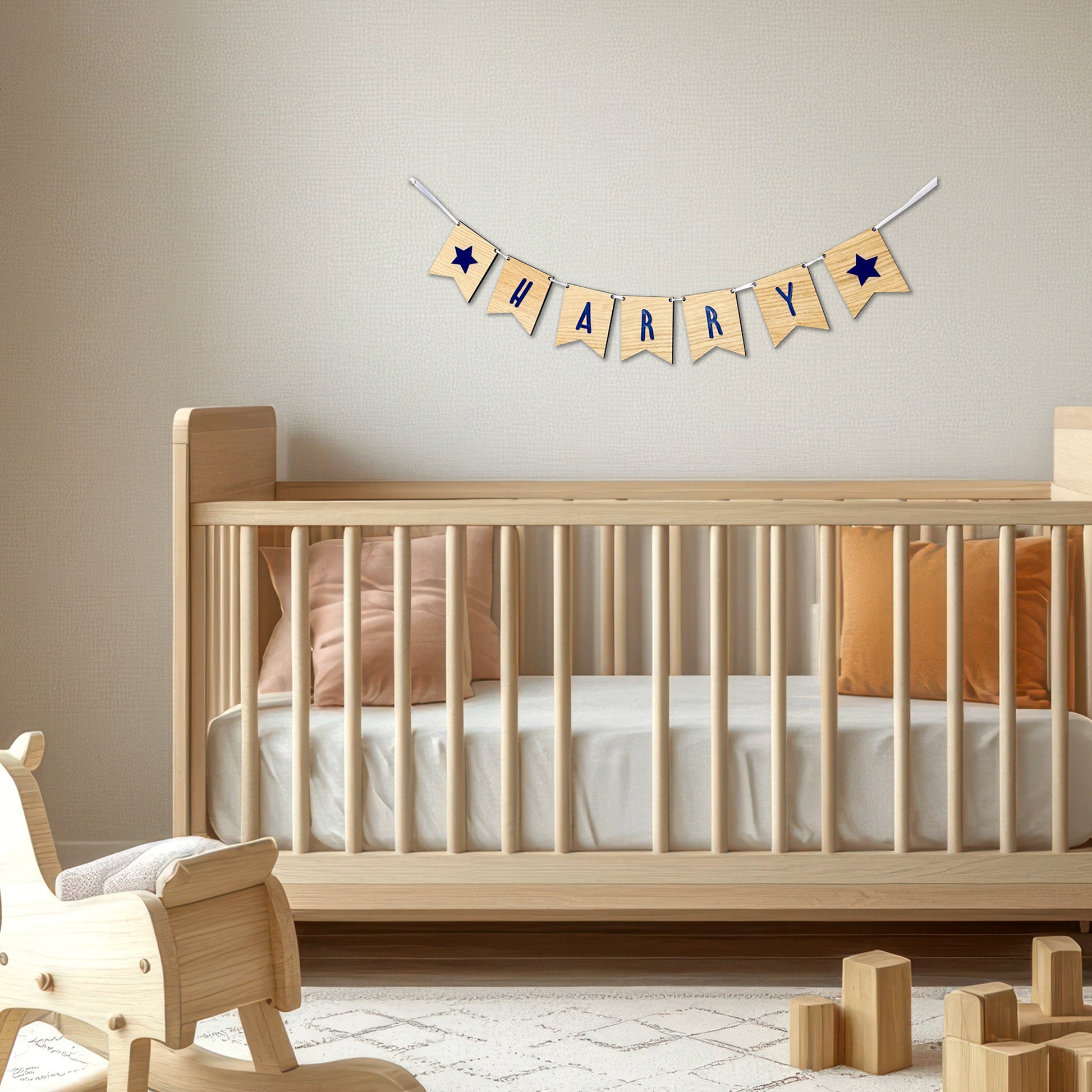Personalised Oak Wood Name Bunting with Stars - Nursery or Child's Room Decor - Add any Name!