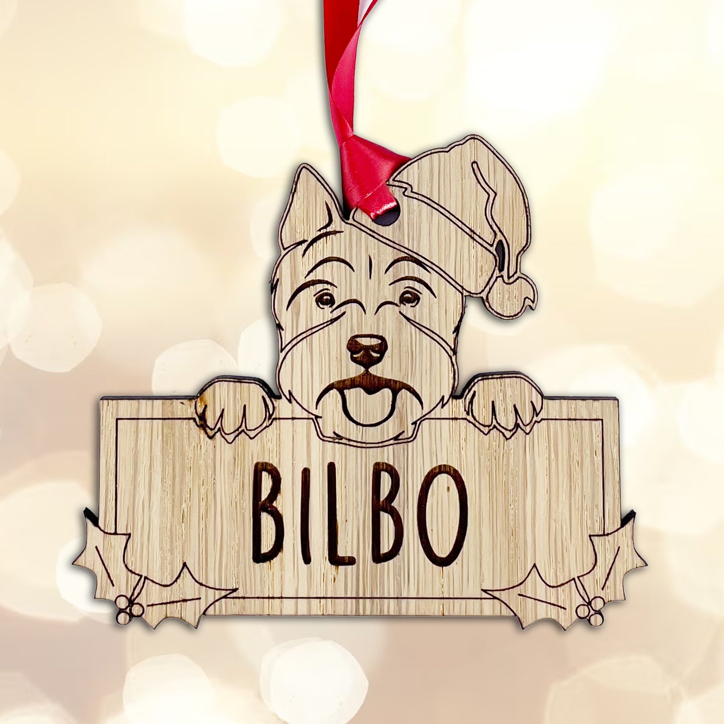 Personalised Westie Dog Bauble - Peeking Dog - Oak Veneer Wood - Add your own name!