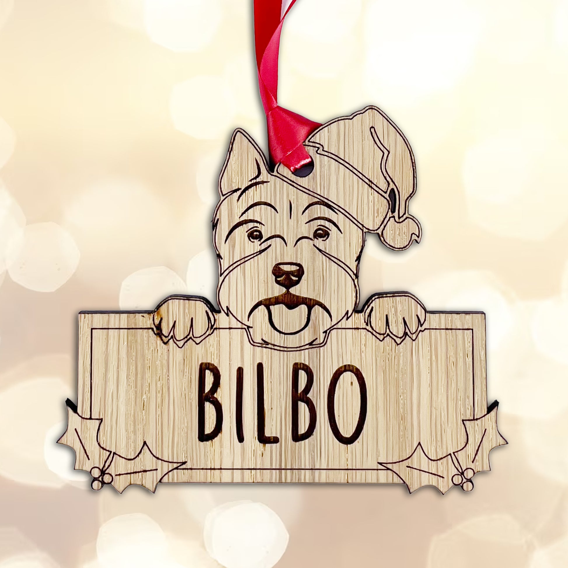 Personalised Westie Dog Bauble - Peeking Dog - Oak Veneer Wood - Add your own name!