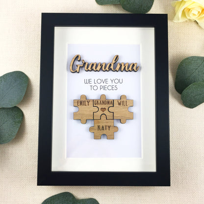 Personalised Grandma / Nana 'We Love You To Pieces' Wooden Mothers Day Christmas Birthday Puzzle Pieces Family Box Frame Add family names