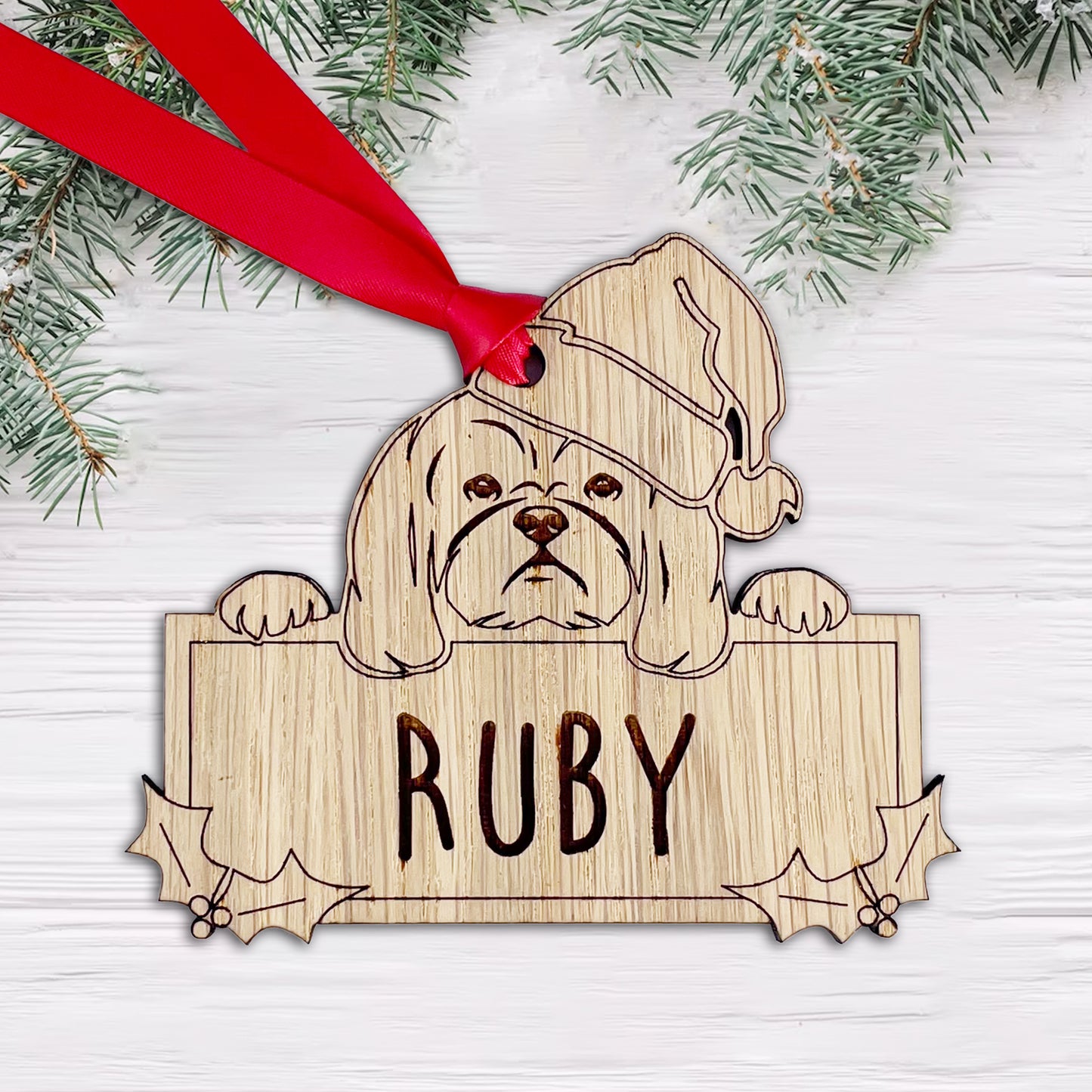 Personalised Shih Tzu Dog Bauble - Peeking Dog - Oak Veneer Wood - Add your own name!