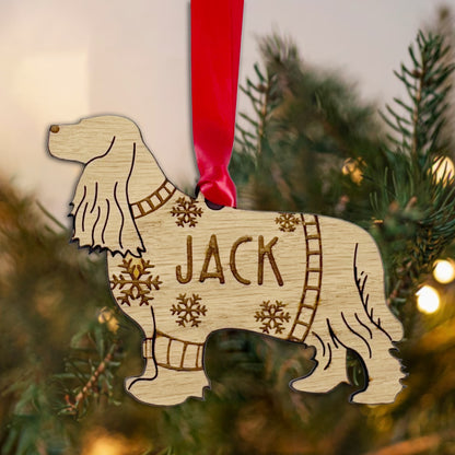 Personalised Cocker Spaniel Bauble Jumper Dog Bauble - Oak Veneer Wood - Add any name