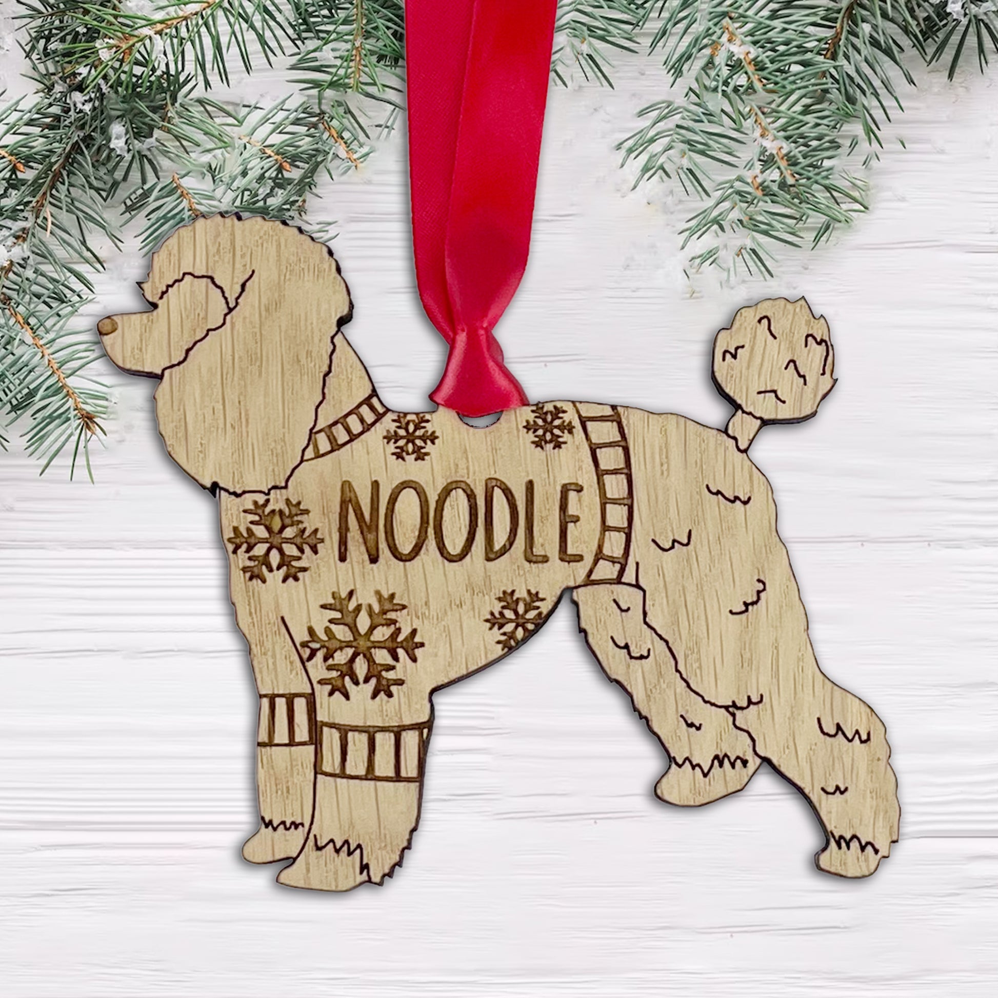 Personalised Poodle Bauble Jumper Dog Bauble - Oak Veneer Wood - Add any name
